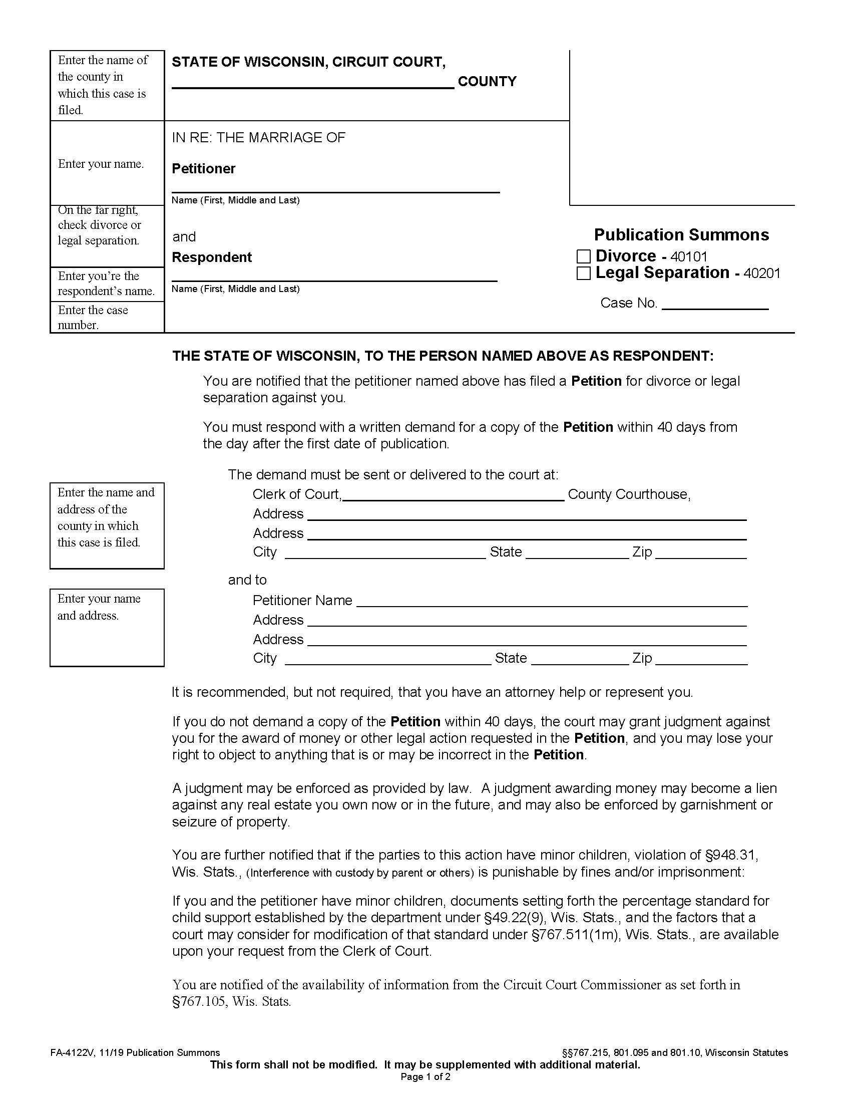 Publication Summons {FA-4122V} | Pdf Fpdf Docx | Wisconsin