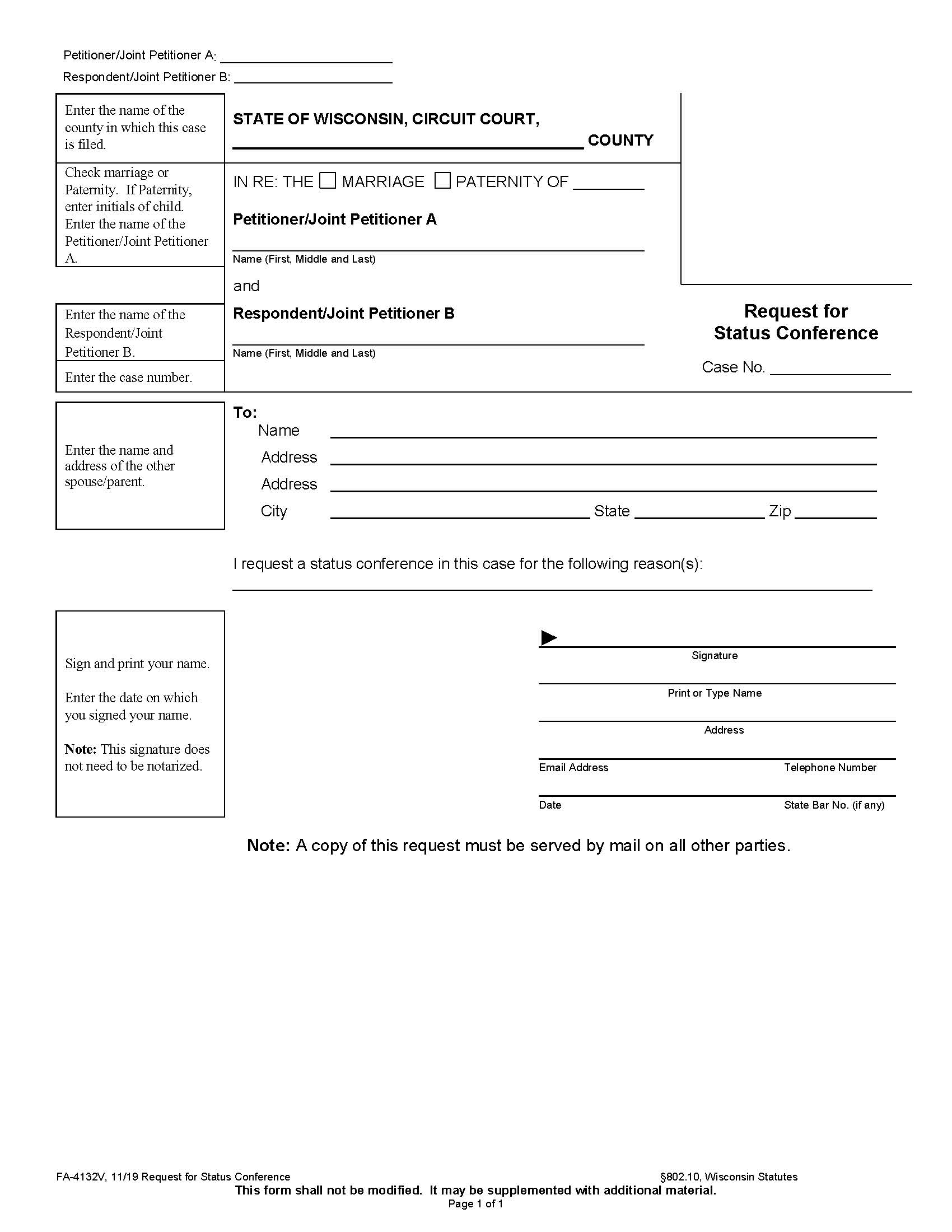 Request For Status Conference {FA-4132V} | Pdf Fpdf Docx | Wisconsin