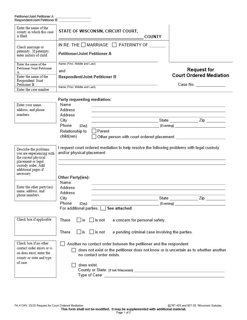 Request for Court Ordered Mediation {FA-4134V} | Pdf Fpdf Docx | Wisconsin