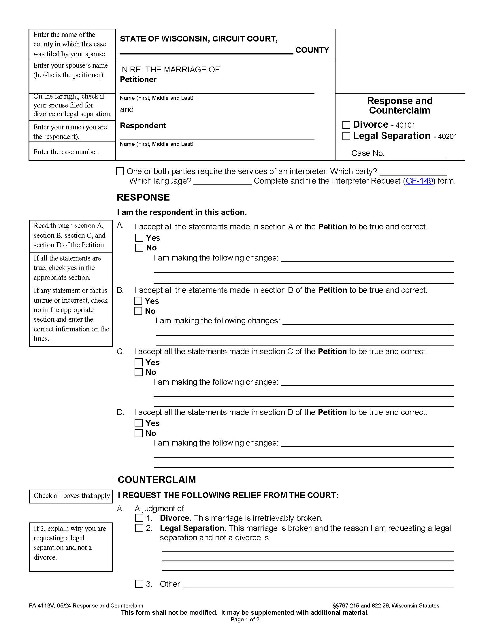 Response And Counterclaim {FA-4113V} | Pdf Fpdf Docx | Wisconsin