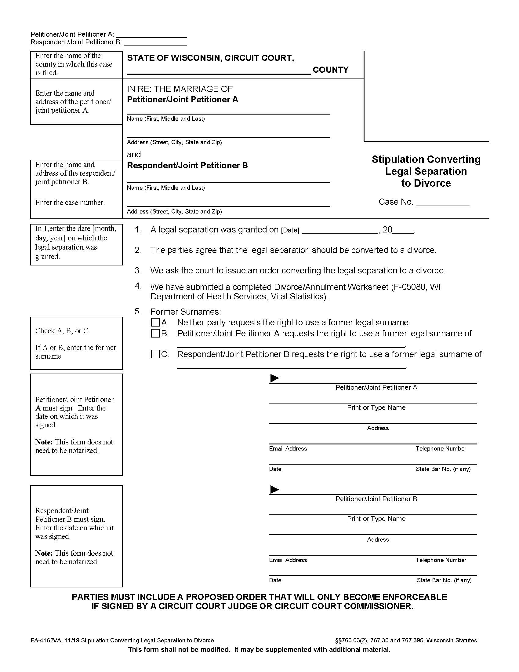 Stipulation Converting Legal Separation To Divorce {FA-4162VA} | Pdf Fpdf Docx | Wisconsin