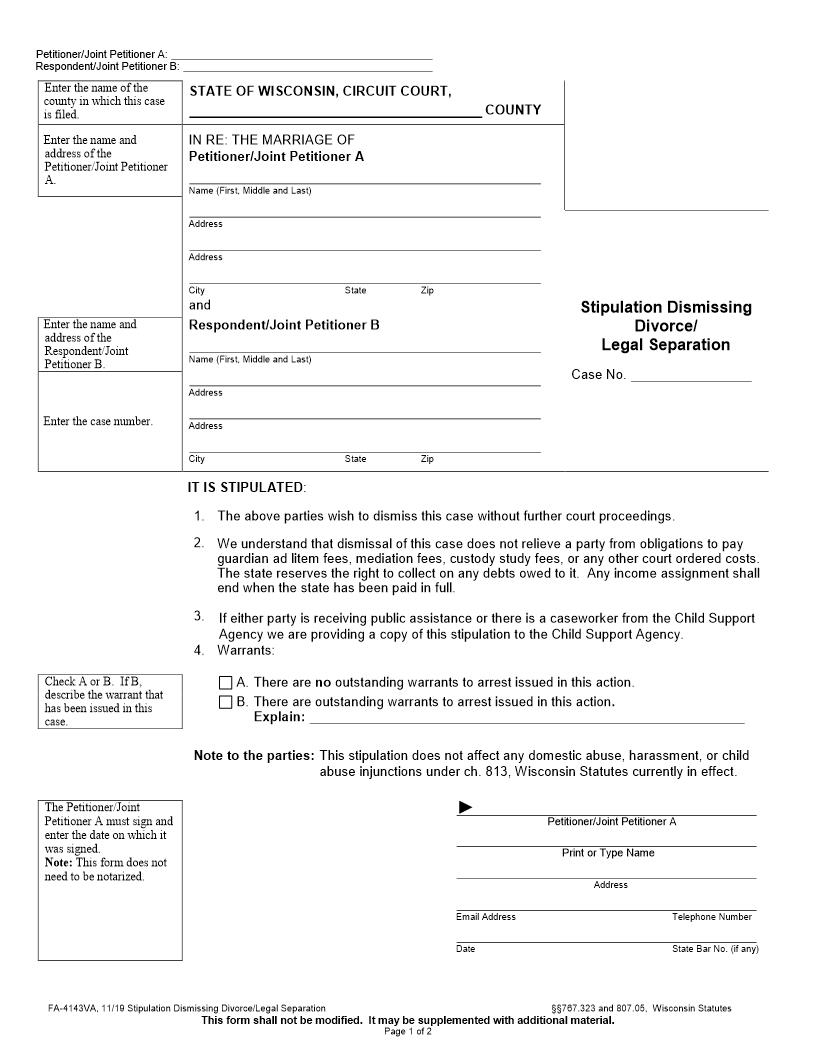 Stipulation Dismissing Divorce-Legal Separation {FA-4143VA} | Pdf Fpdf Docx | Wisconsin