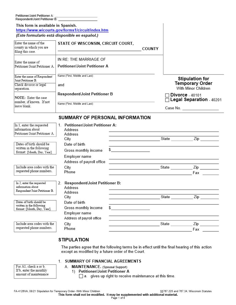 Stipulation For Temporary Order With Minor Children {FA-4126VA} | Pdf Fpdf Docx | Wisconsin