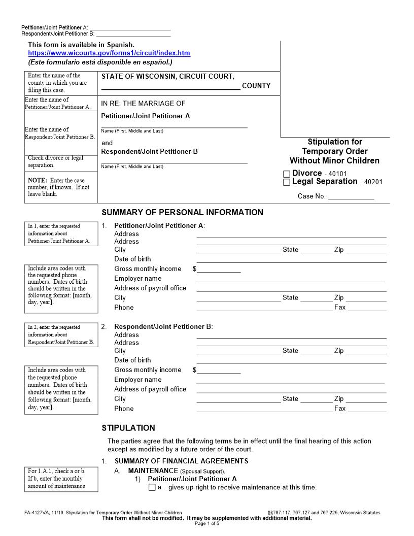 Stipulation For Temporary Order Without Minor Children {FA-4127VA} | Pdf Fpdf Docx | Wisconsin