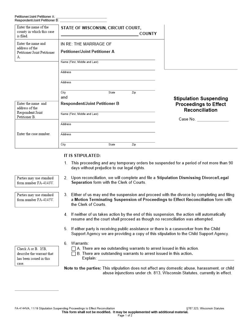 Stipulation Suspending Proceedings To Effect Reconciliation {FA-4144VA} | Pdf Fpdf Docx | Wisconsin