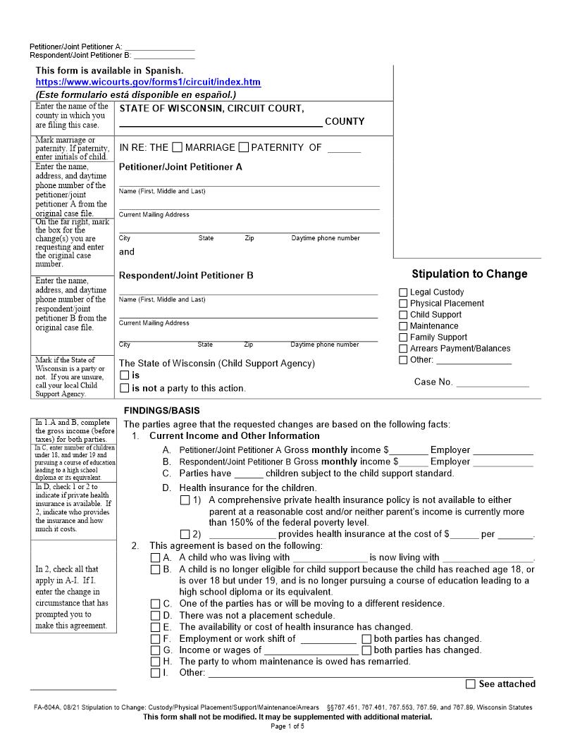 Stipulation To Change {FA-604A} | Pdf Fpdf Docx | Wisconsin