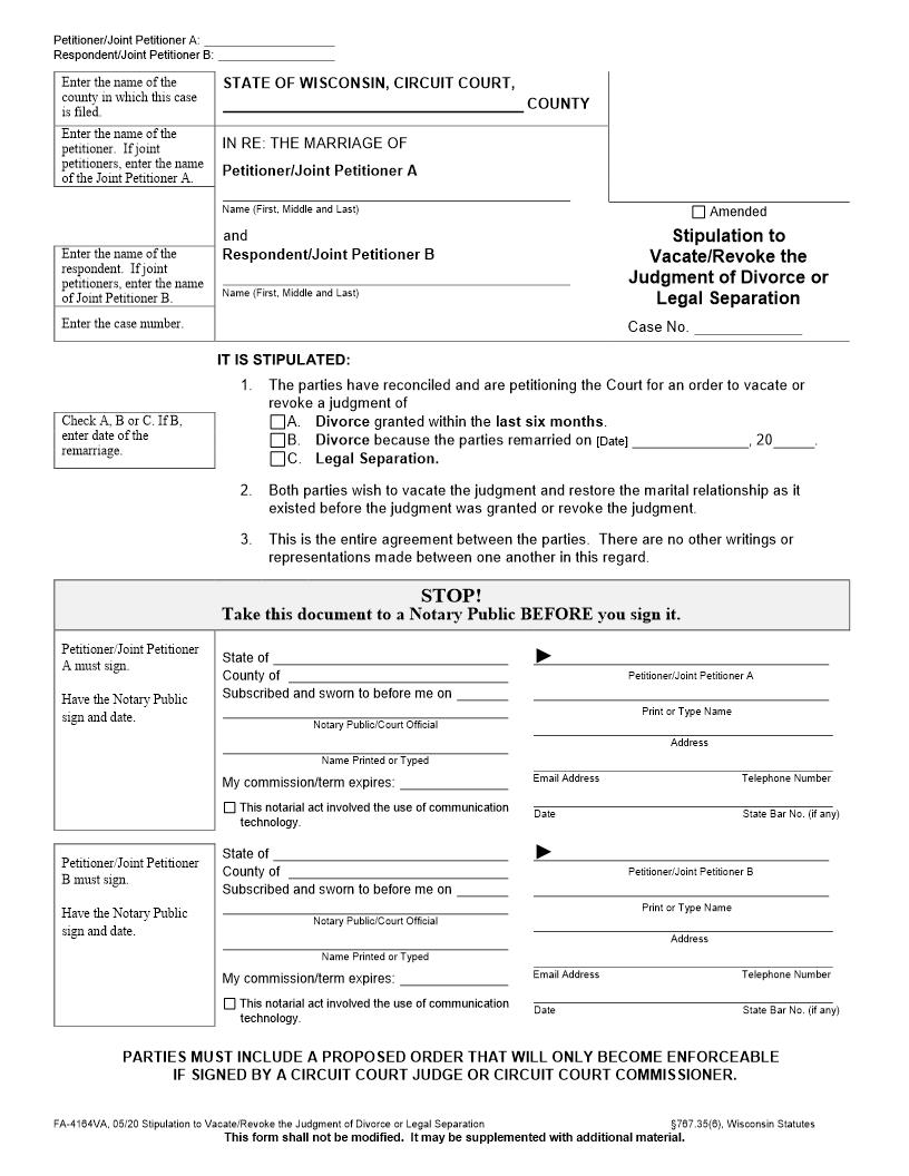Stipulation Vacating Judgment Of Divorce Or Legal Separation {FA-4164VA} | Pdf Fpdf Docx | Wisconsin