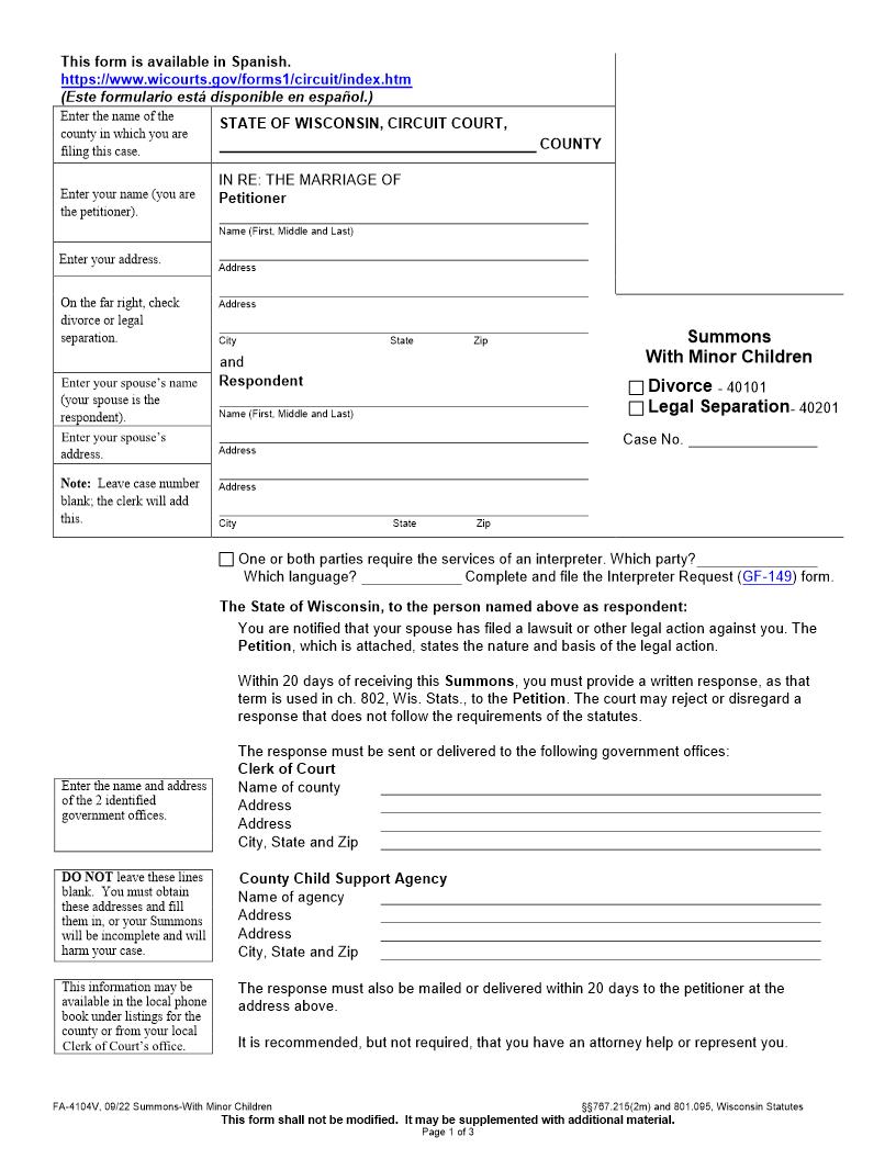 Summons With Minor Children {FA-4104V} | Pdf Fpdf Docx | Wisconsin