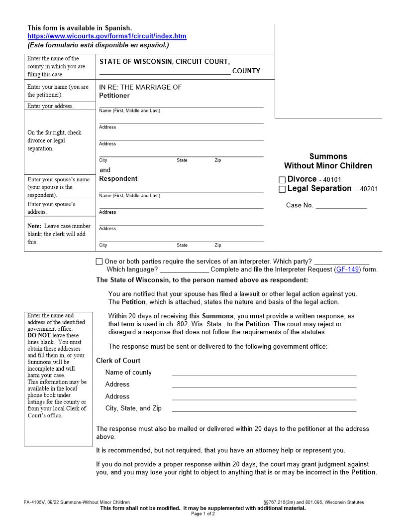 Summons Without Minor Children {FA-4105V} | Pdf Fpdf Docx | Wisconsin