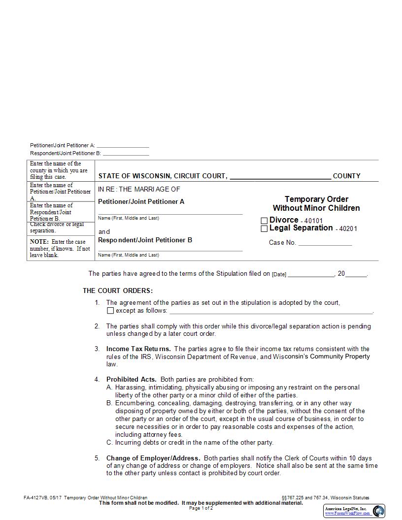 Temporary Order Without Minor Children {FA-4127VB} | Pdf Fpdf Docx | Wisconsin