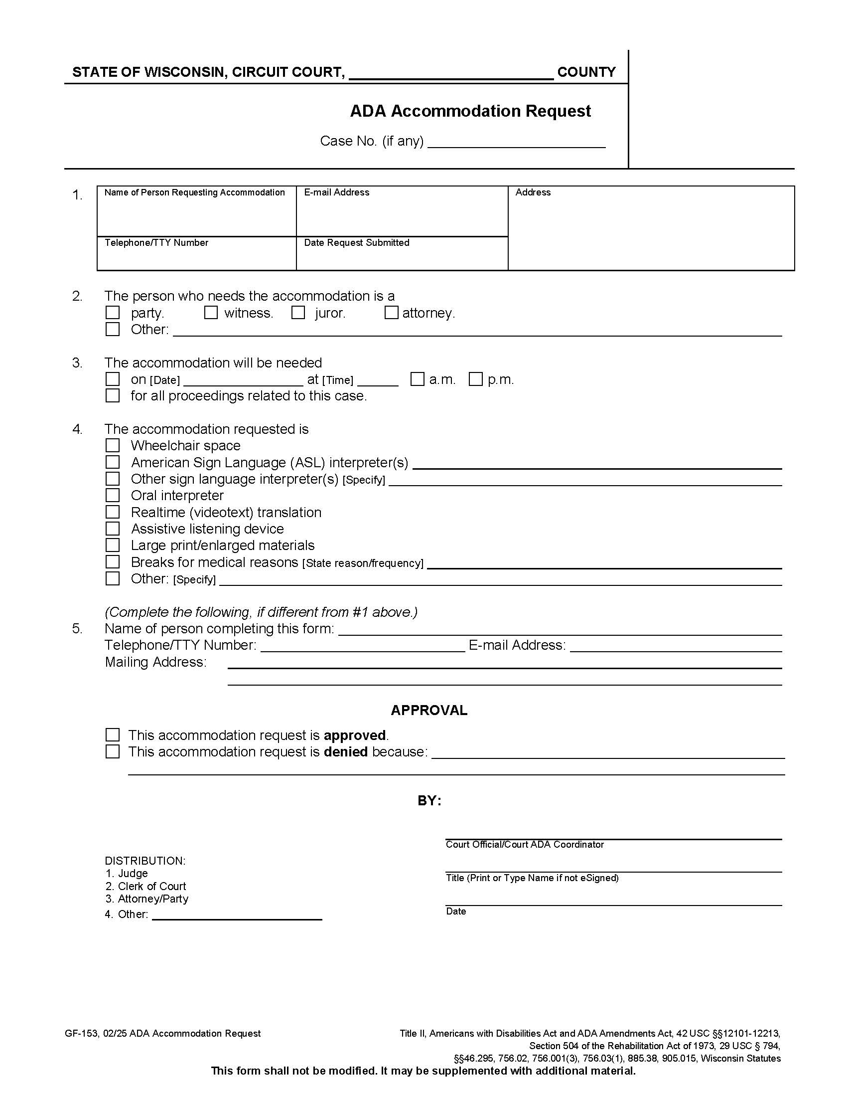 ADA Accommodation Request {GF-153} | Pdf Fpdf Docx | Wisconsin