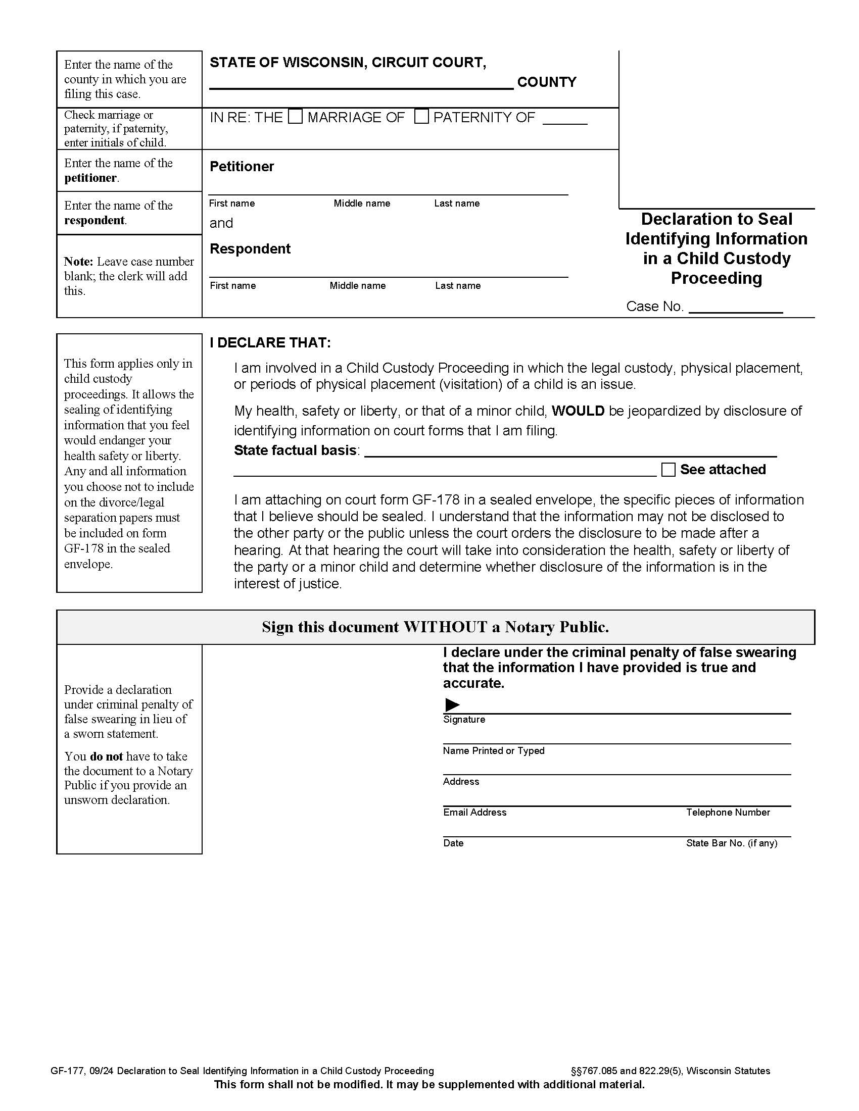 Affidavit To Seal Identifying Information {GF-177} | Pdf Fpdf Docx | Wisconsin