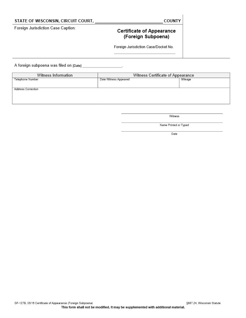 Certificate Of Appearance On Foreign Subpoena {GF-127B} | Pdf Fpdf Docx | Wisconsin