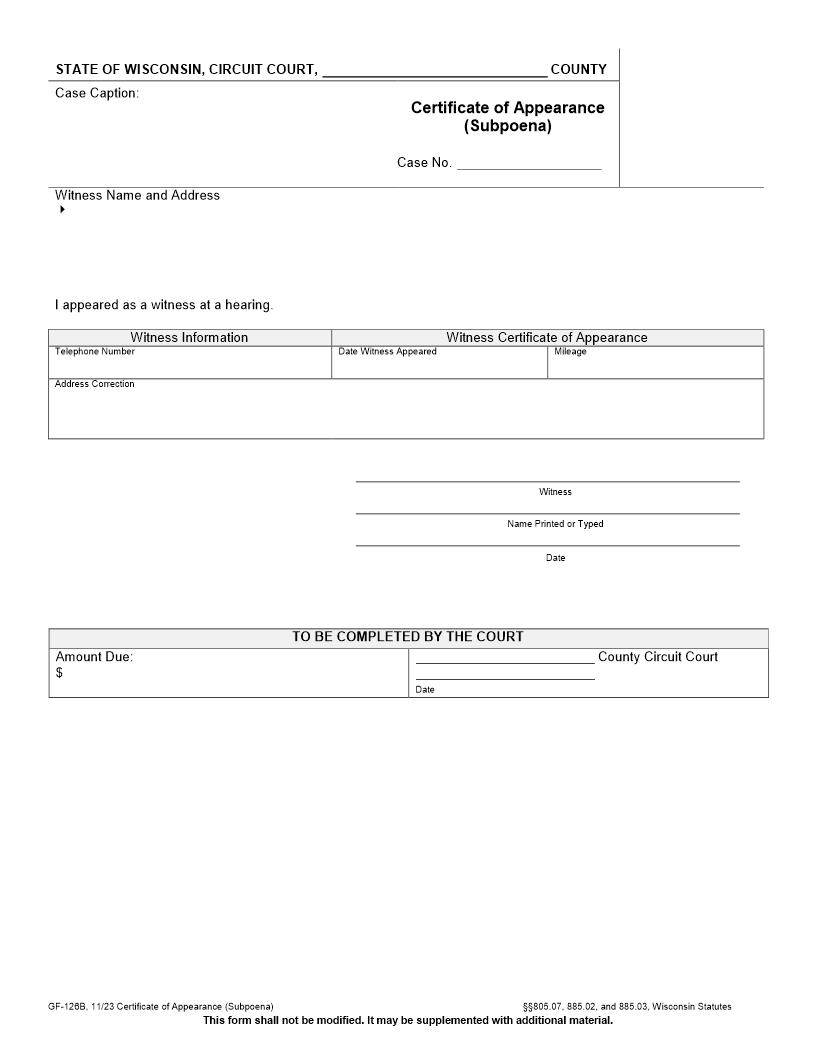 Certificate Of Appearance On Subpoena {GF-126B} | Pdf Fpdf Docx | Wisconsin