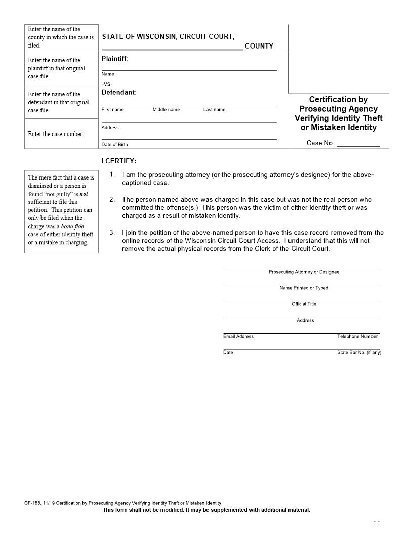 Certification By Prosecuting Agency Verifying Identity Theft Or Mistaken Identity {GF-185} | Pdf Fpdf Doc Docx | Wisconsin