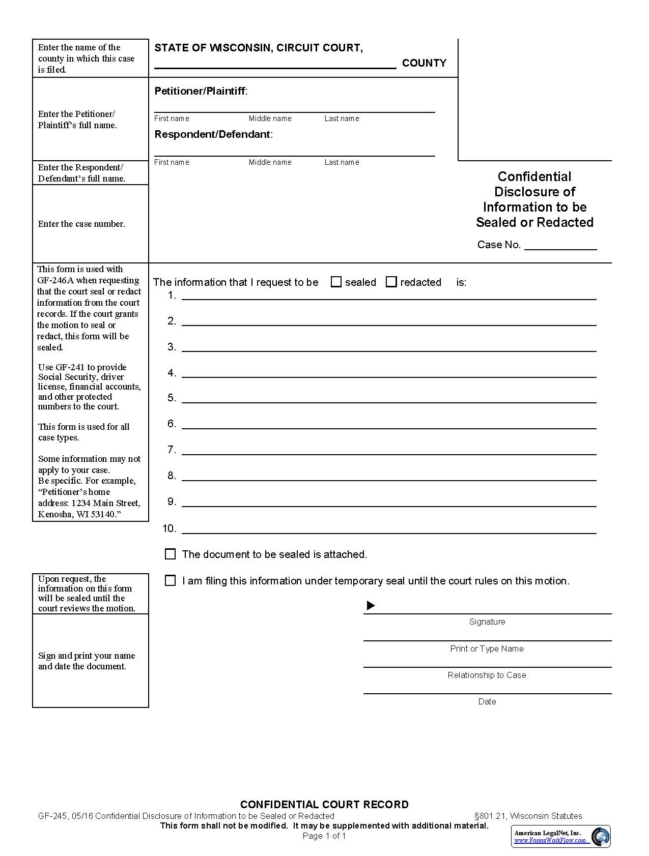 Confidential Disclosure Of Information To Be Sealed Or Redacted {GF-245} | Pdf Fpdf Docx | Wisconsin