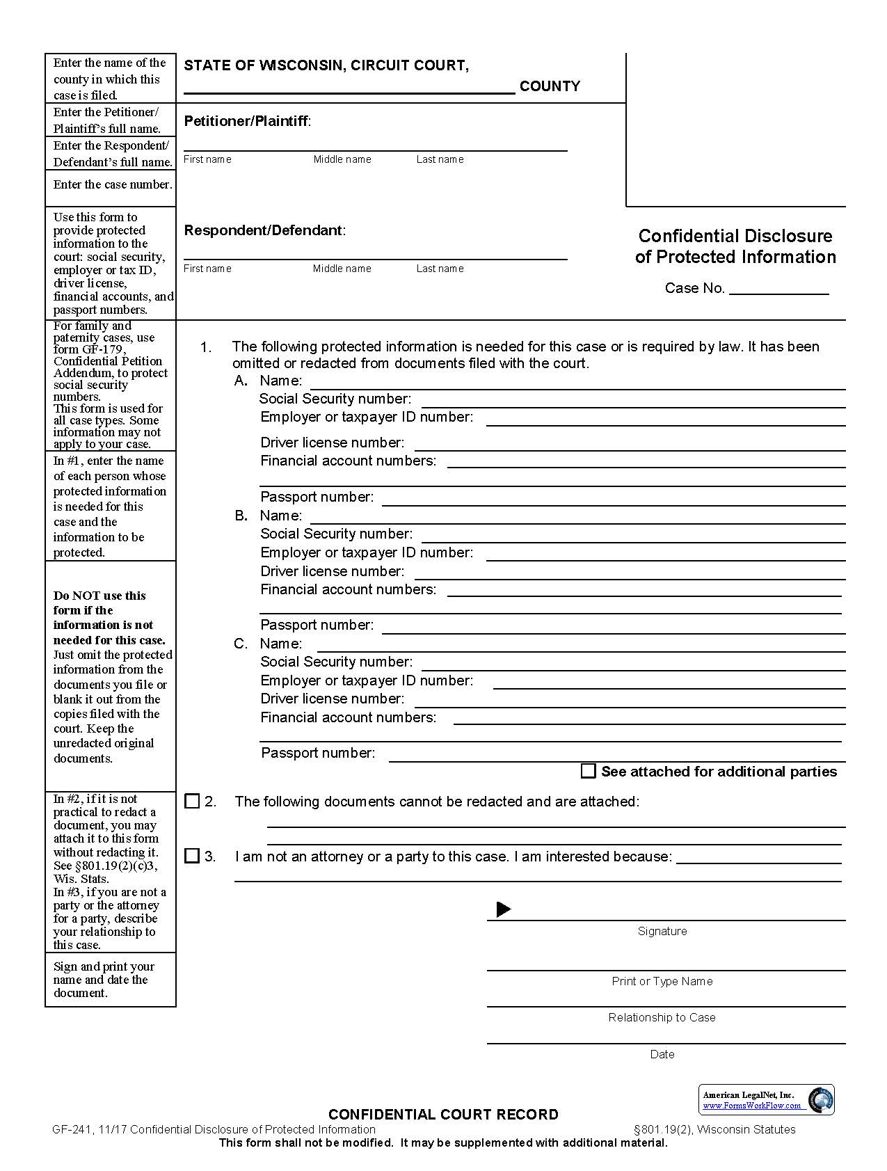 Confidential Disclosure Of Protected Information {GF-241} | Pdf Fpdf Docx | Wisconsin