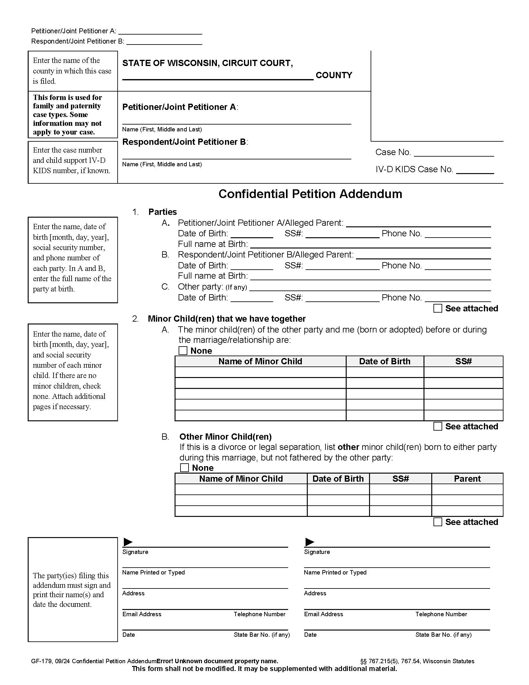 Confidential Petition Addendum {GF-179} | Pdf Fpdf Docx | Wisconsin