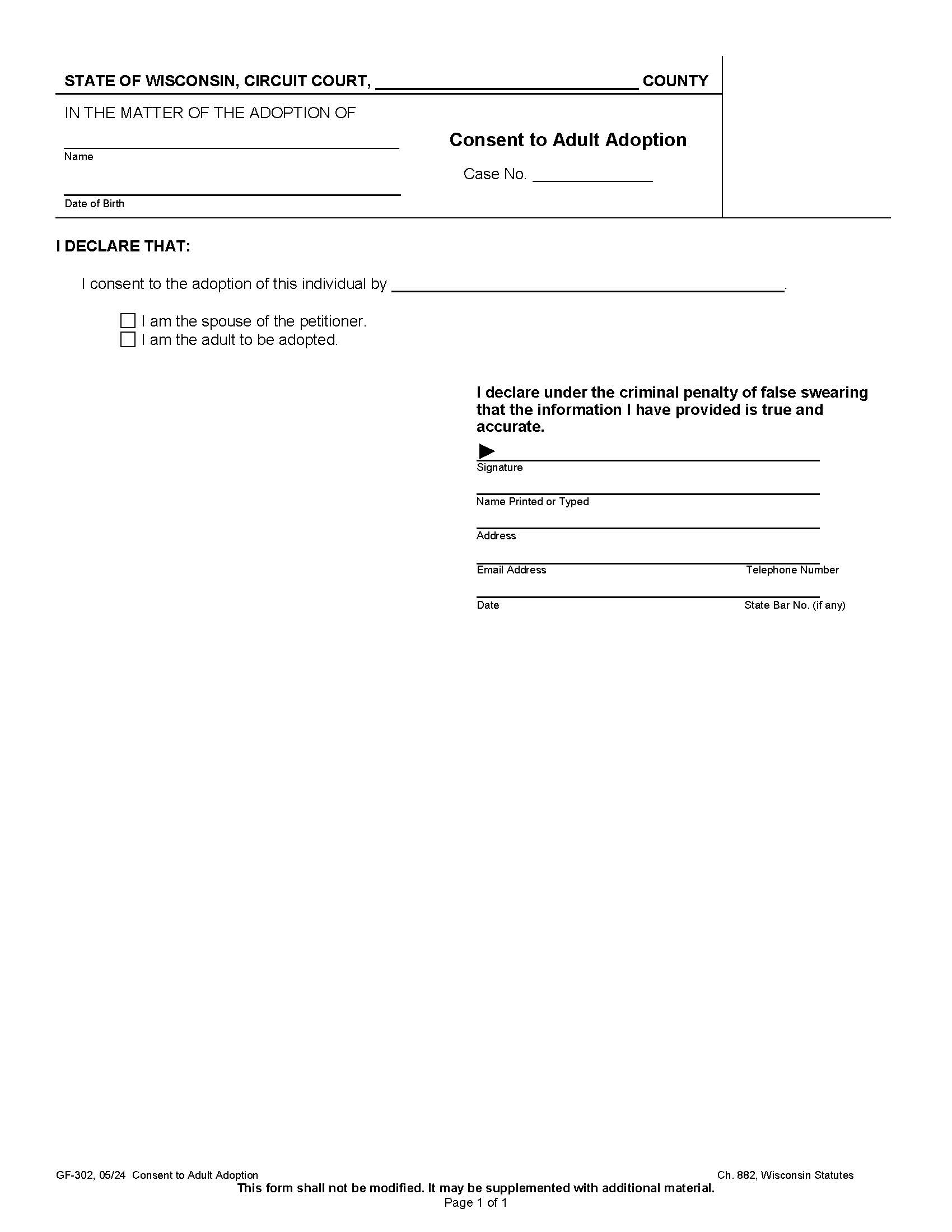 Consent To Adult Adoption {GF-302} | Pdf Fpdf Docx | Wisconsin