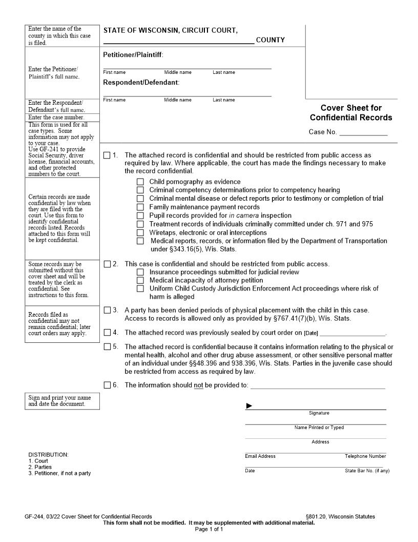 Cover Sheet For Confidential Records {GF-244} | Pdf Fpdf Docx | Wisconsin