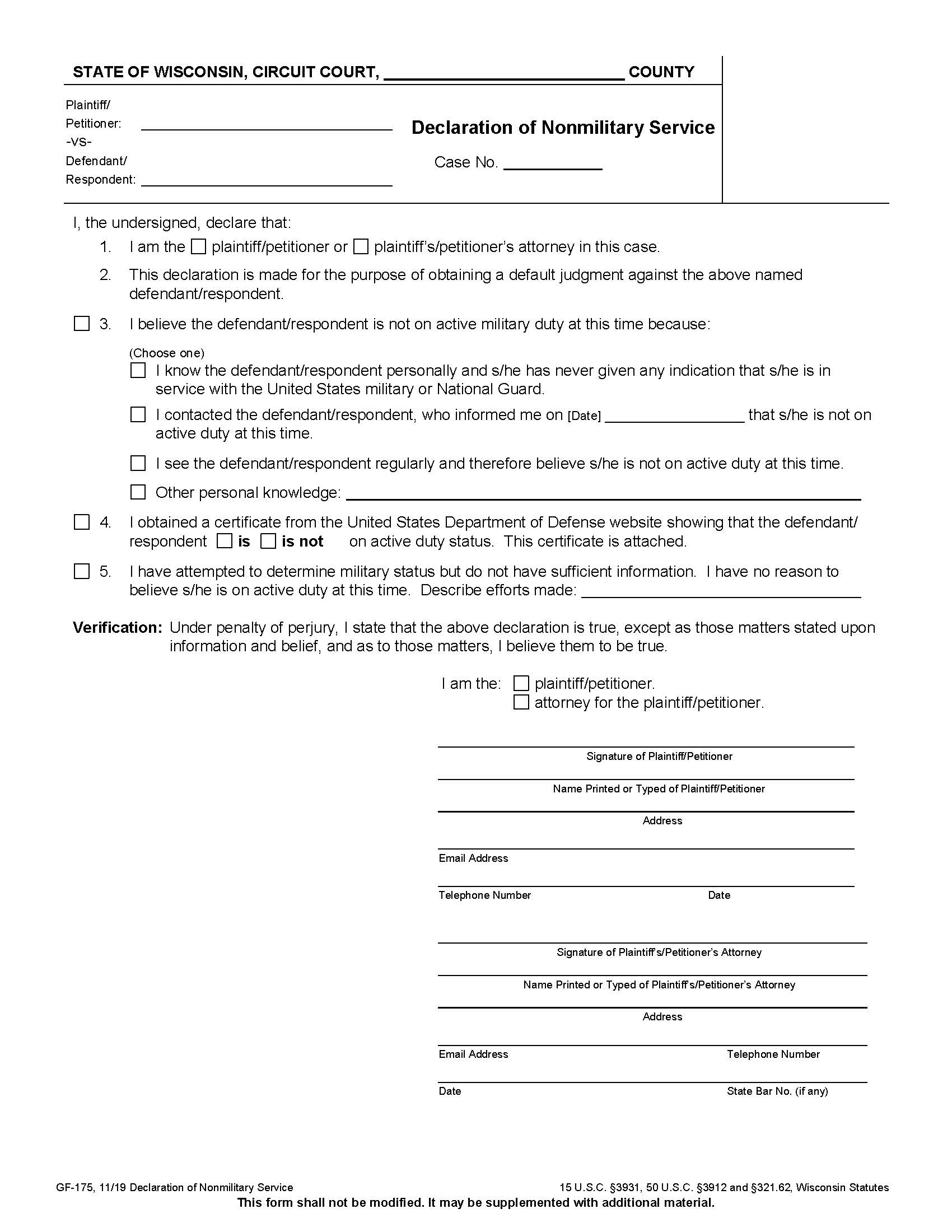 Declaration Of Nonmilitary Service {GF-175} | Pdf Fpdf Docx | Wisconsin