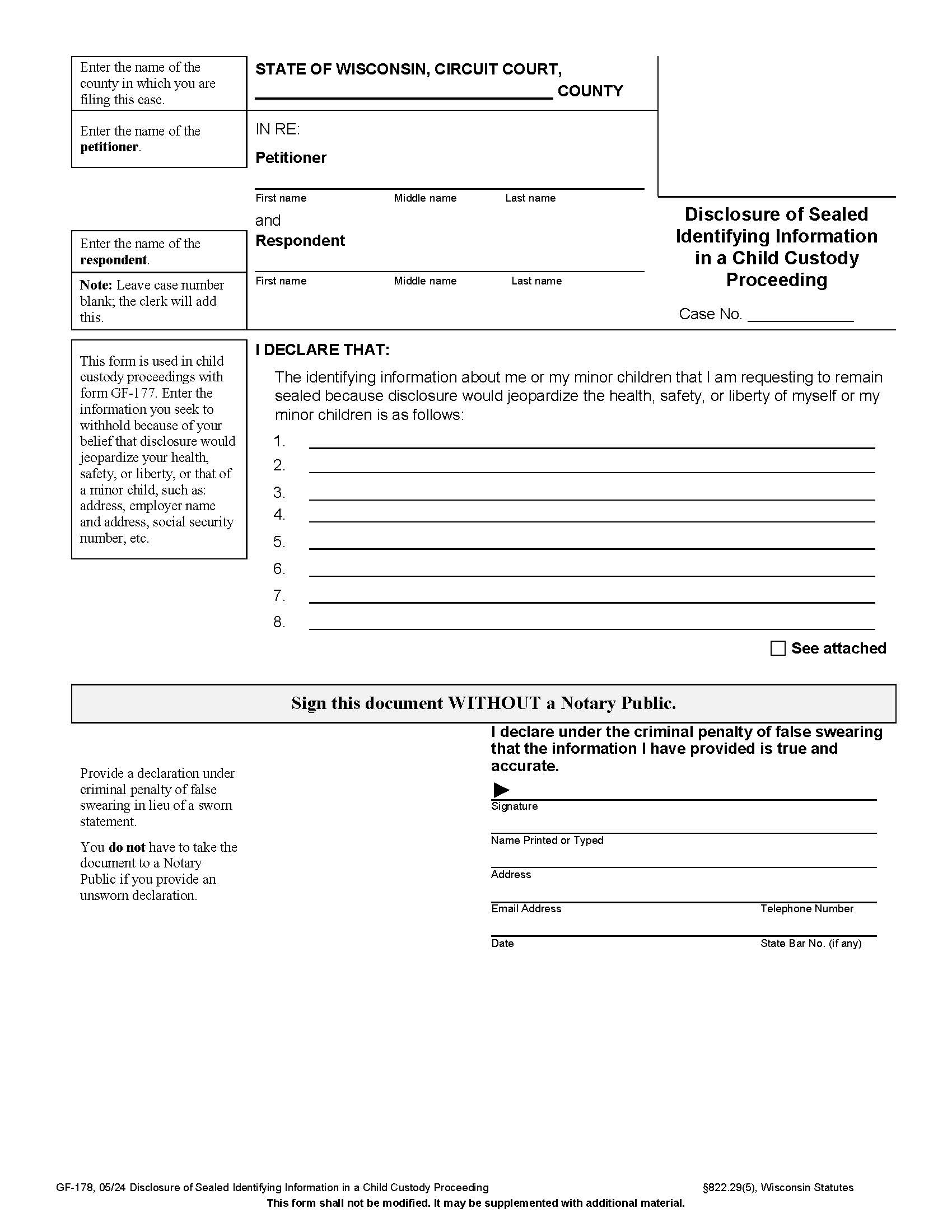 Disclosure Of Sealed Identifying Information In A Child Custody Proceeding {GF-178} | Pdf Fpdf Docx | Wisconsin