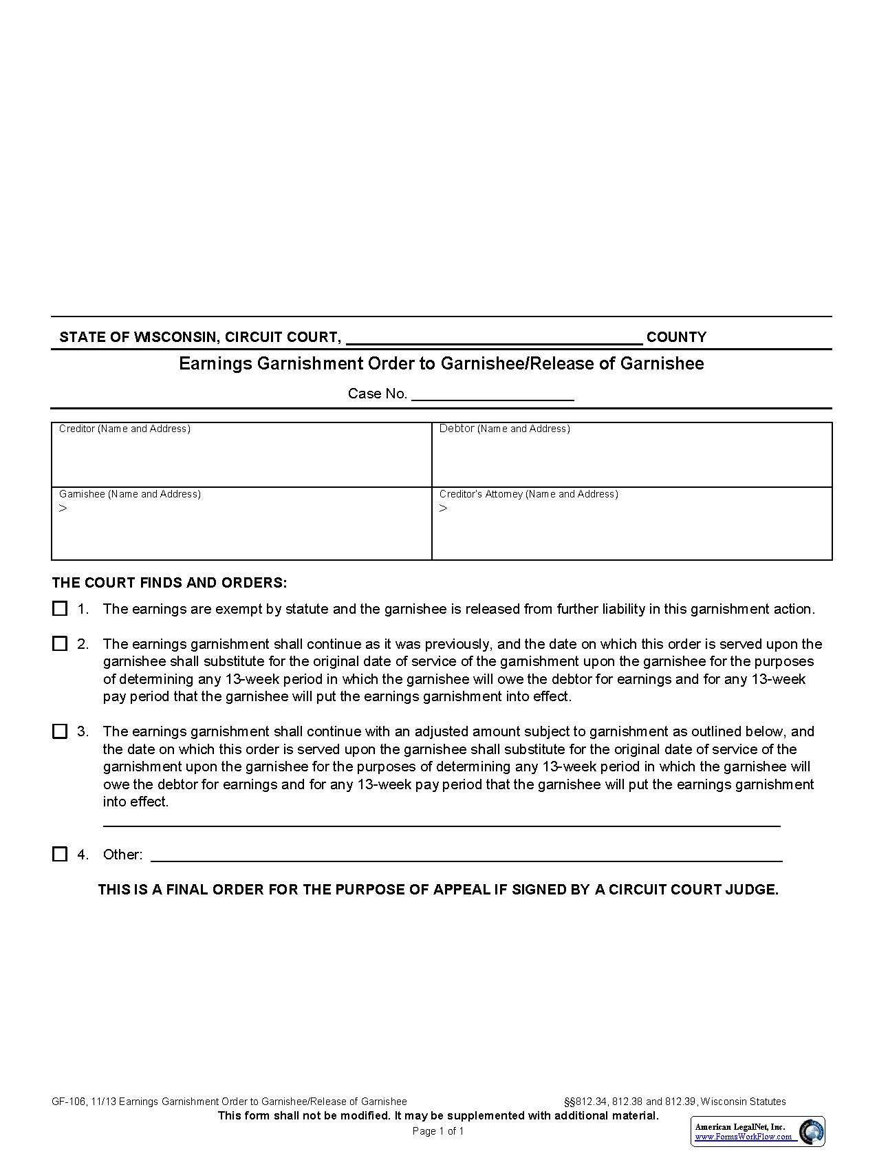 Earnings Garnishment Order To Garnishee-Release Of Garnishee {GF-106} | Pdf Fpdf Docx | Wisconsin