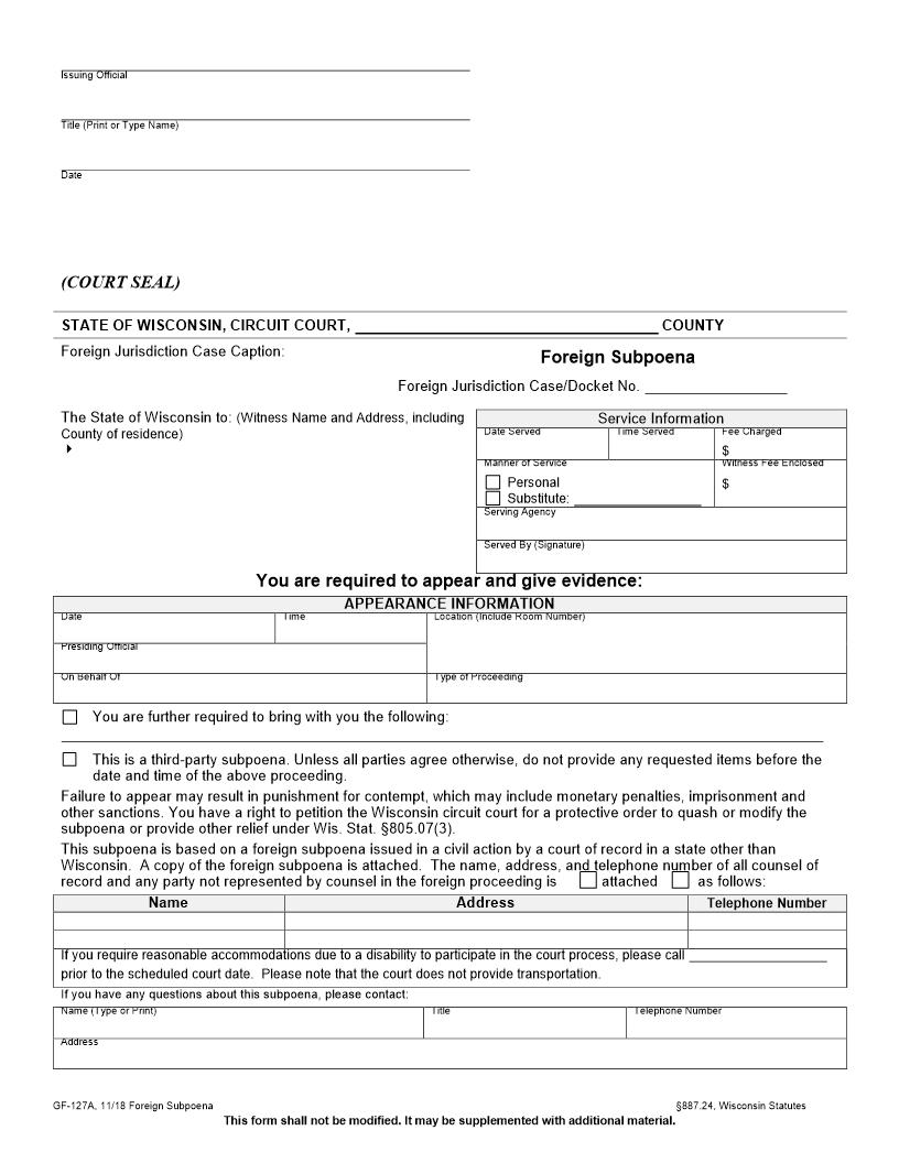 Foreign Subpoena {GF-127A} | Pdf Fpdf Docx | Wisconsin