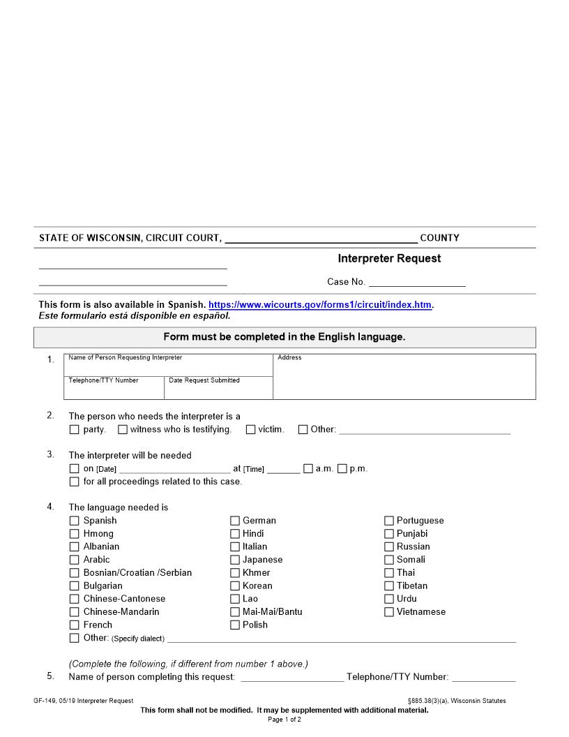 Interpreter Request {GF-149} | Pdf Fpdf Docx | Wisconsin