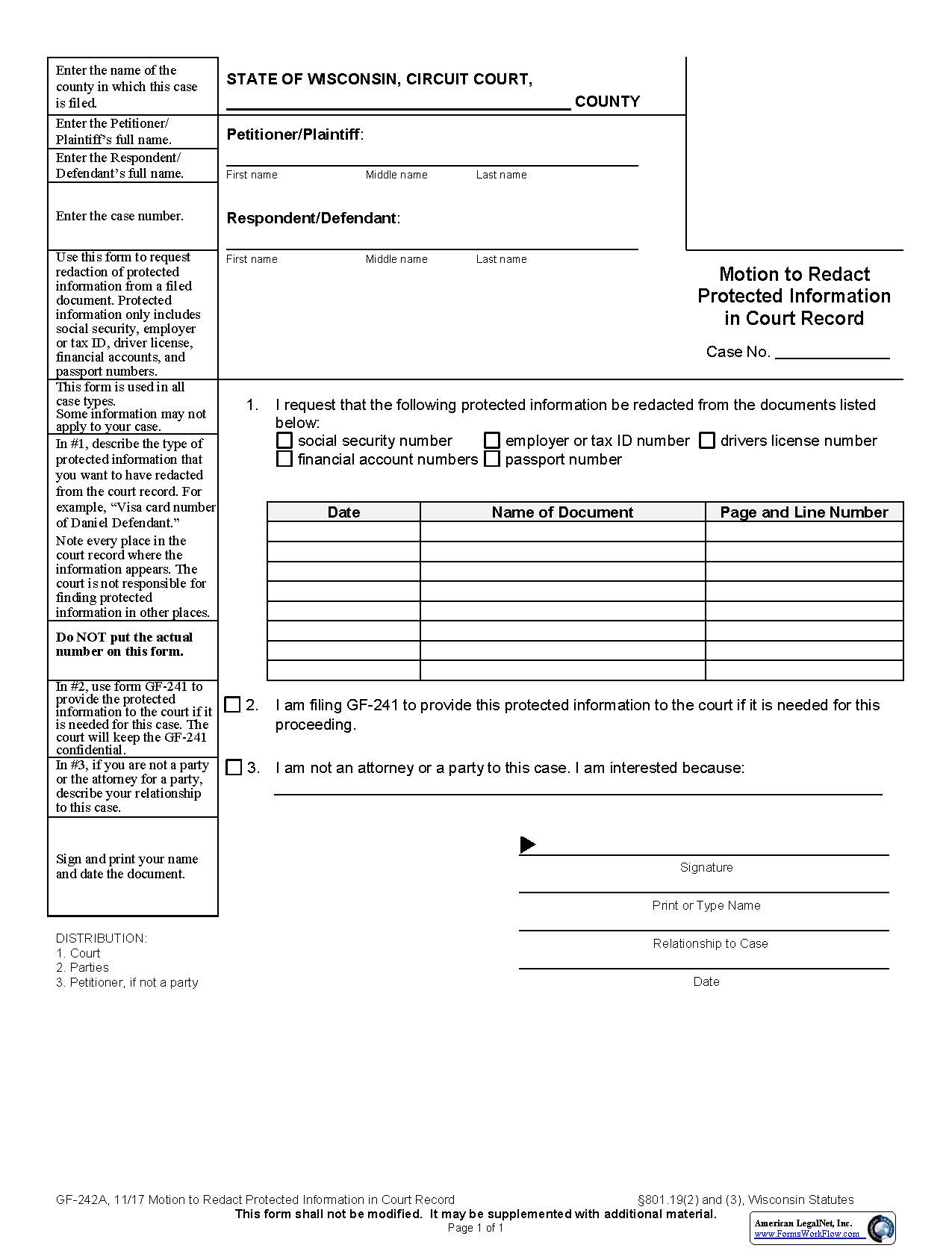 Motion To Redact Protected Information In Court Record {GF-242A} | Pdf Fpdf Docx | Wisconsin