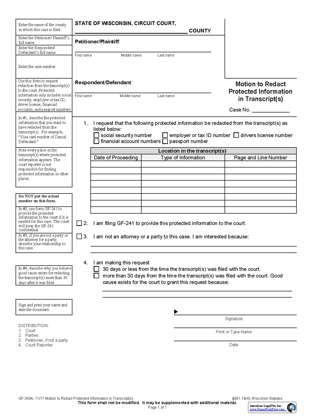 Motion To Redact Protected Information In Transcript {GF-243A} | Pdf Fpdf Docx | Wisconsin