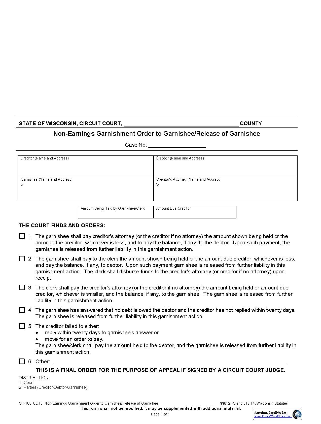 Non-Earnings Garnishment Order To Garnishee-Release of Garnishee {GF-105} | Pdf Fpdf Docx | Wisconsin