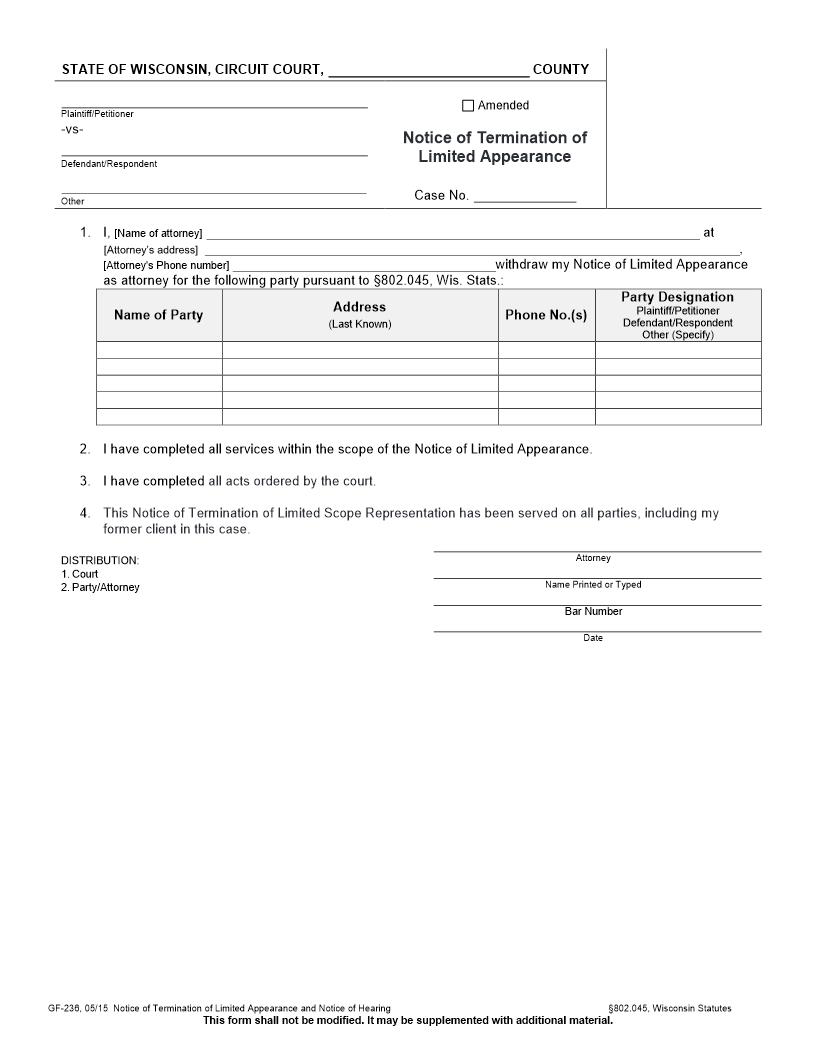Notice Of Termination Of Limited Appearance {GF-236} | Pdf Fpdf Docx | Wisconsin