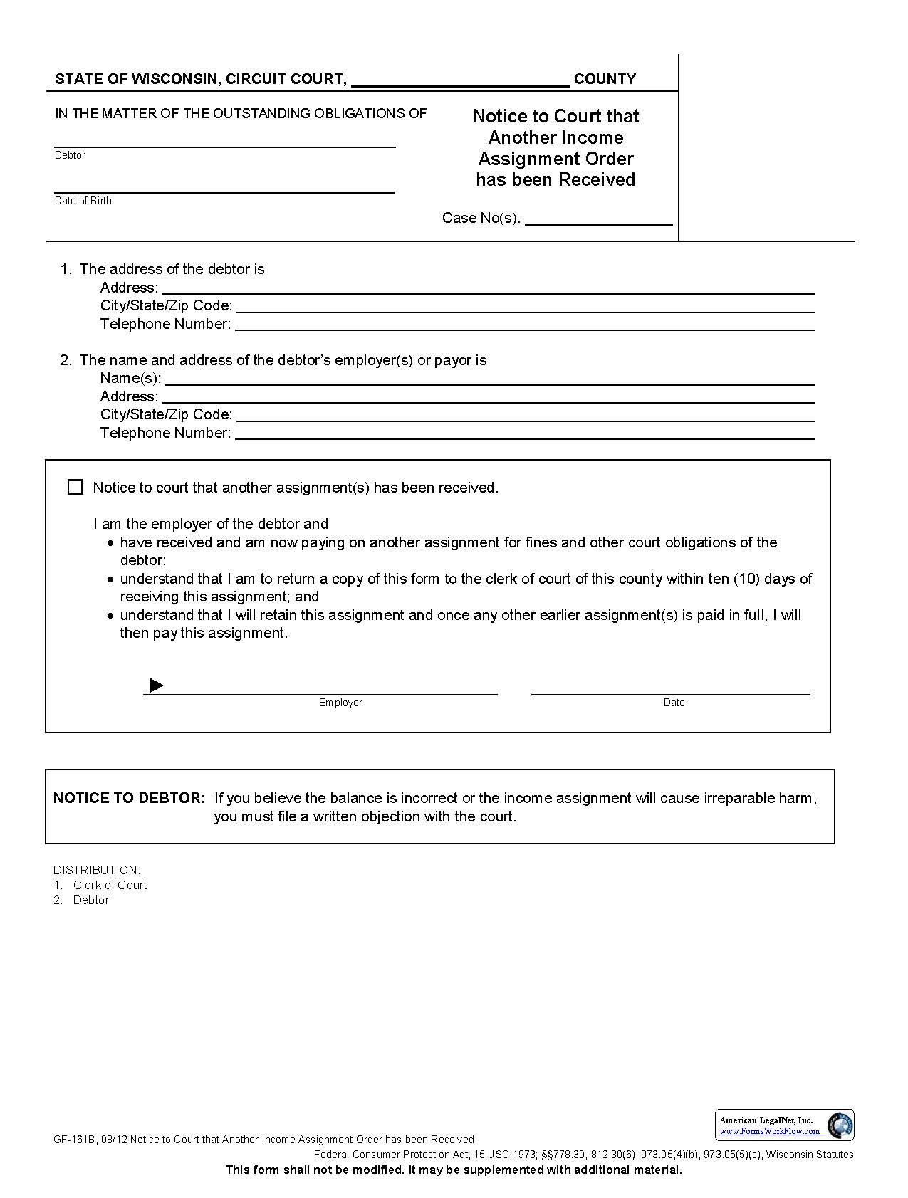 Notice To Court That Another Income Assignment Order Has Been Received {GF-161B} | Pdf Fpdf Docx | Wisconsin