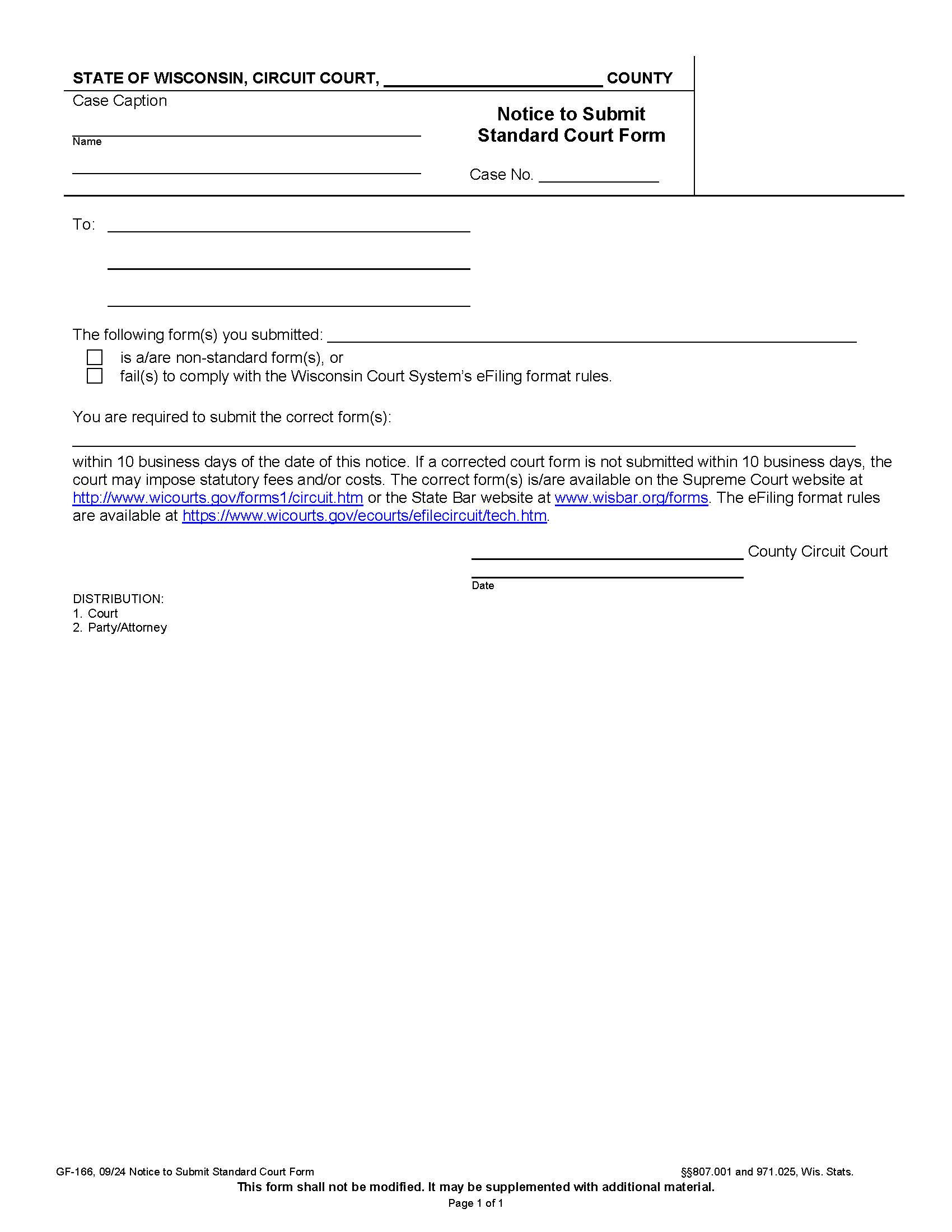 Notice To Submit Standard Court Form {GF-166} | Pdf Fpdf Docx | Wisconsin