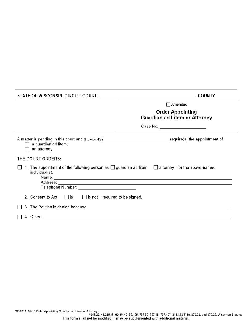 Order Appointing Guardian Ad Litem Or Attorney {GF-131A} | Pdf Fpdf Docx | Wisconsin