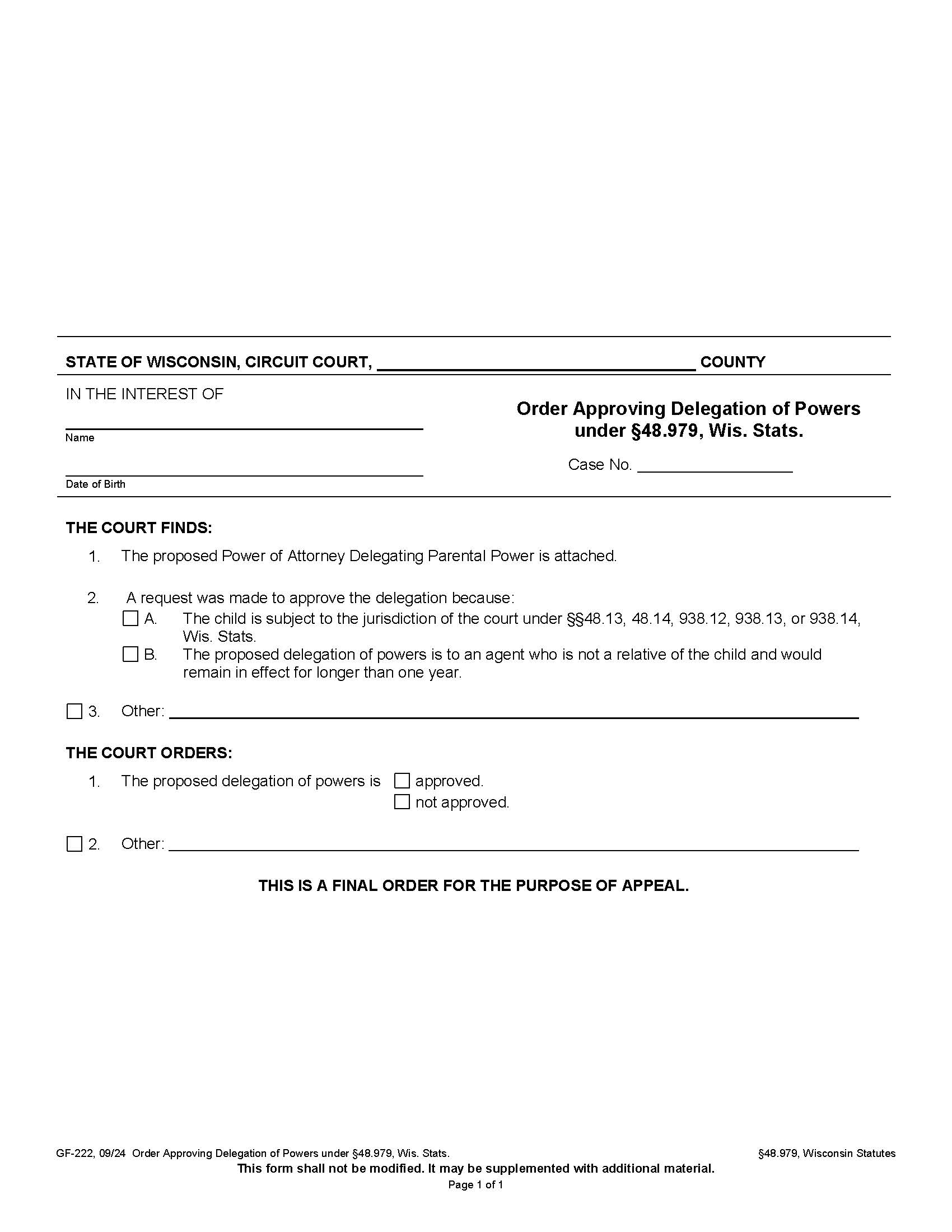 Order Approving Delegation of Powers under 48.979 {GF-222} | Pdf Fpdf Docx | Wisconsin