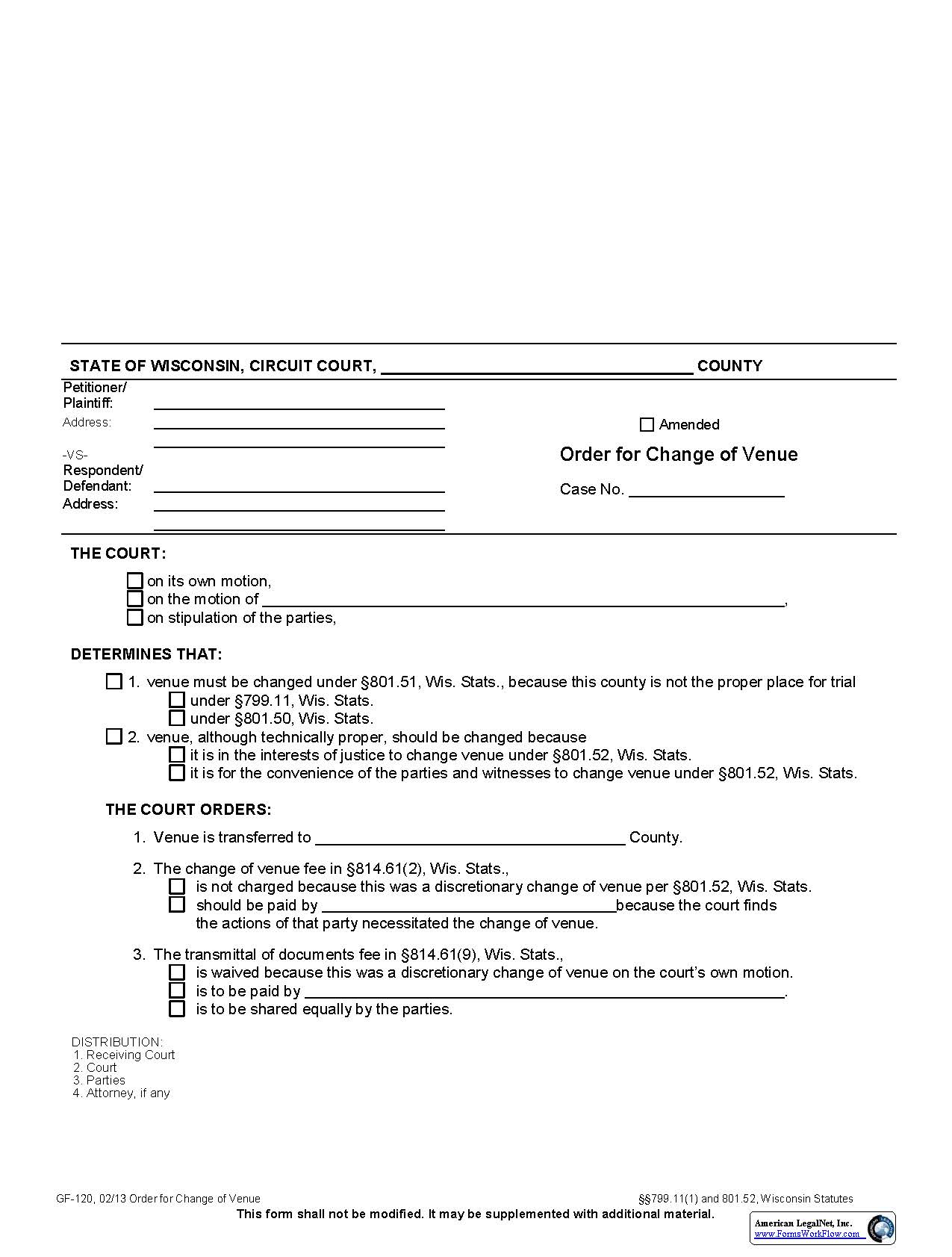 Order For Change Of Venue {GF-120} | Pdf Fpdf Docx | Wisconsin