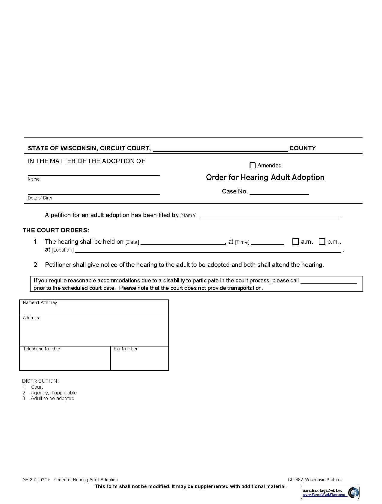Order For Hearing-Adult Adoption {GF-301} | Pdf Fpdf Docx | Wisconsin