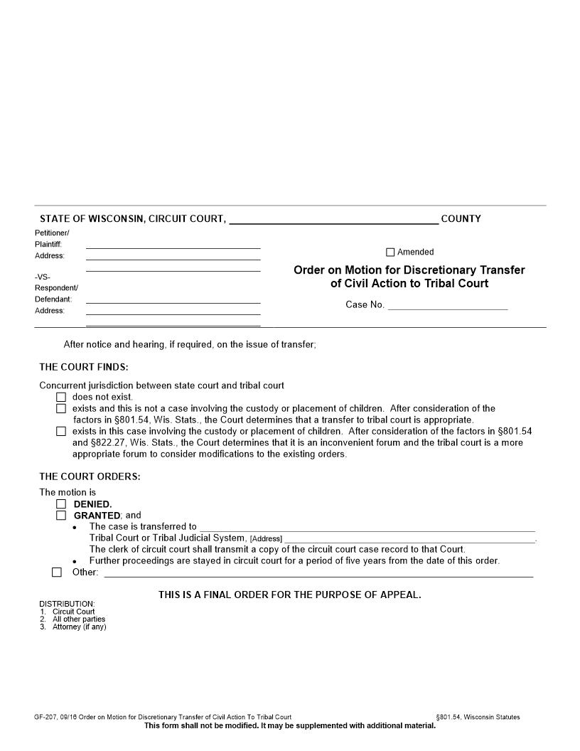 Order On Motion For Discretionary Transfer Of Civil Action To Tribal Court  {GF-207} | Pdf Fpdf Docx | Wisconsin