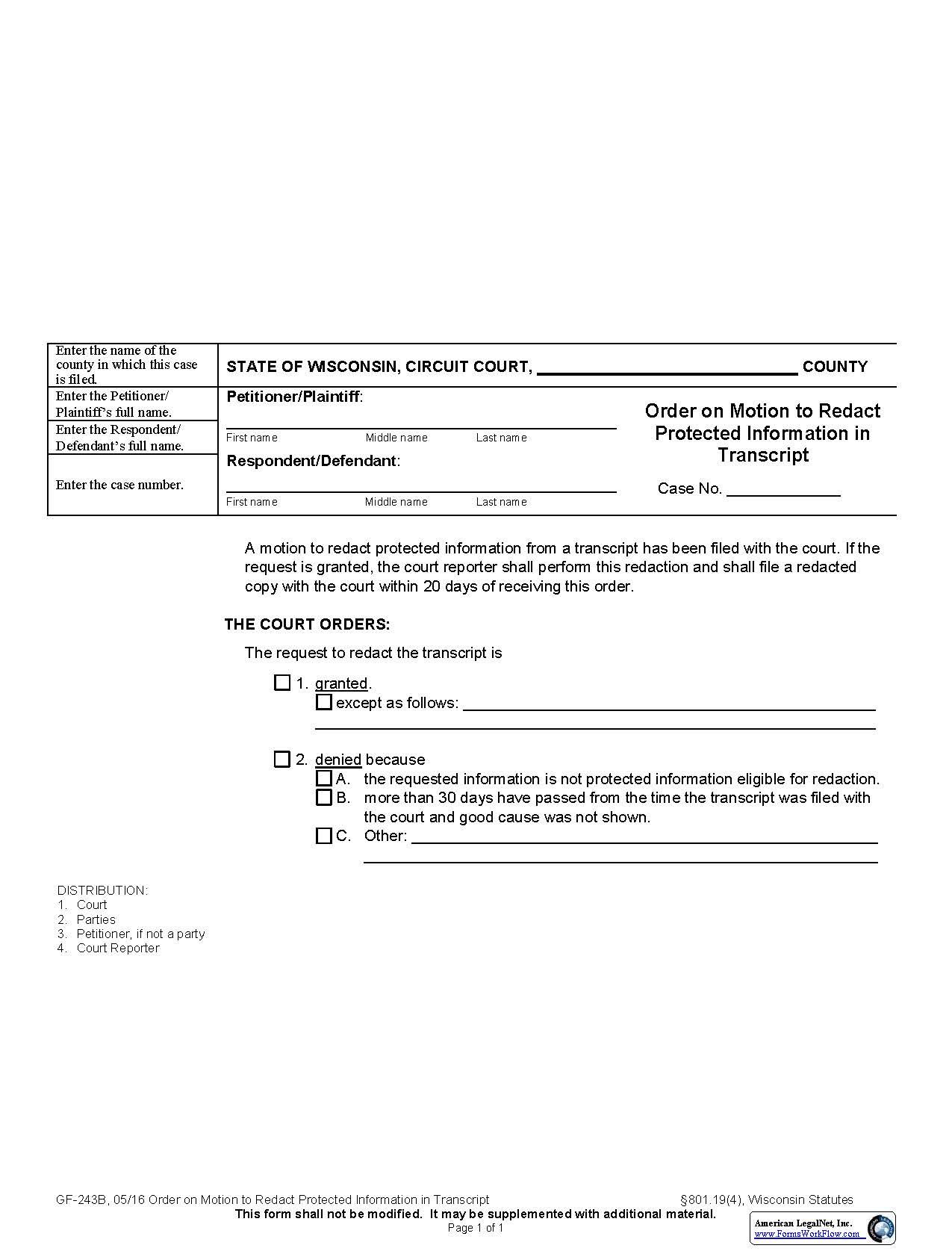 Order On Motion To Redact Protected Information In Transcript {GF-243B} | Pdf Fpdf Docx | Wisconsin
