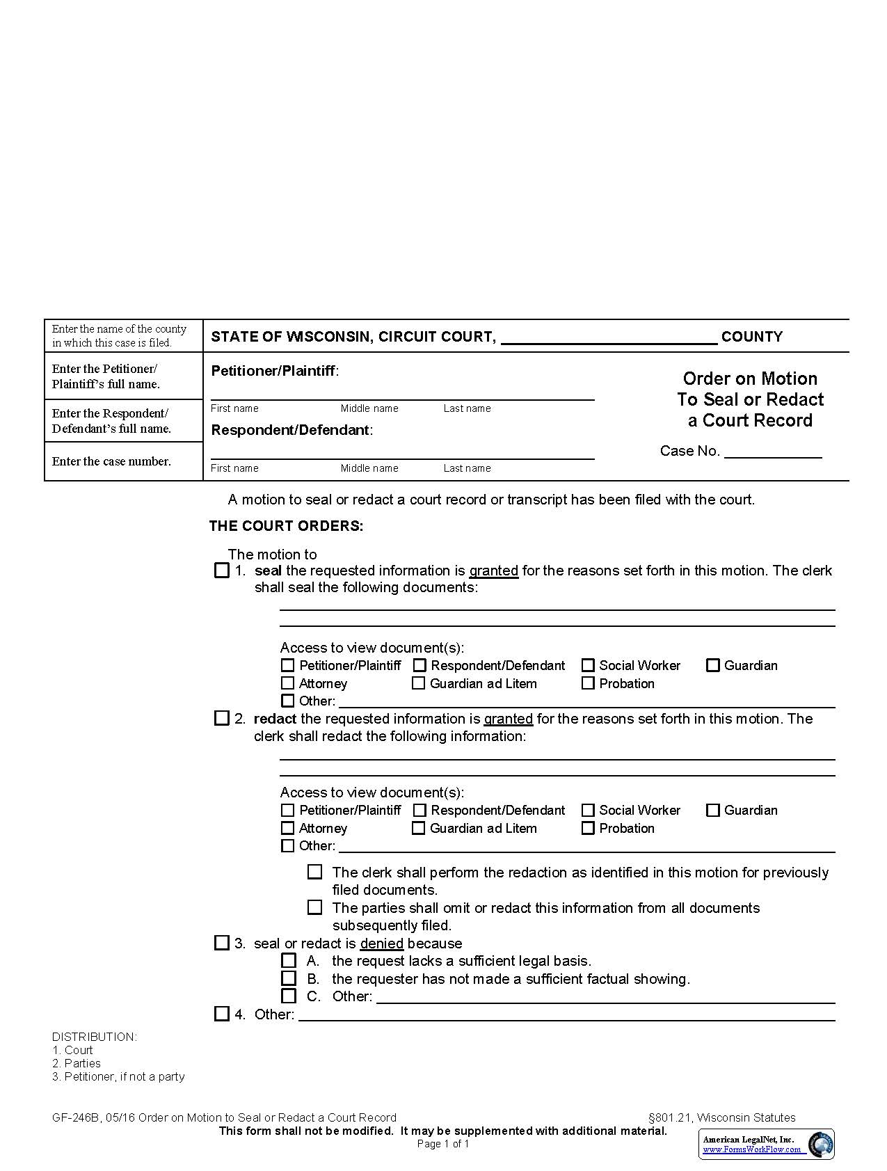 Order On Motion To Seal Or Redact A Court Record {GF-246B} | Pdf Fpdf Docx | Wisconsin
