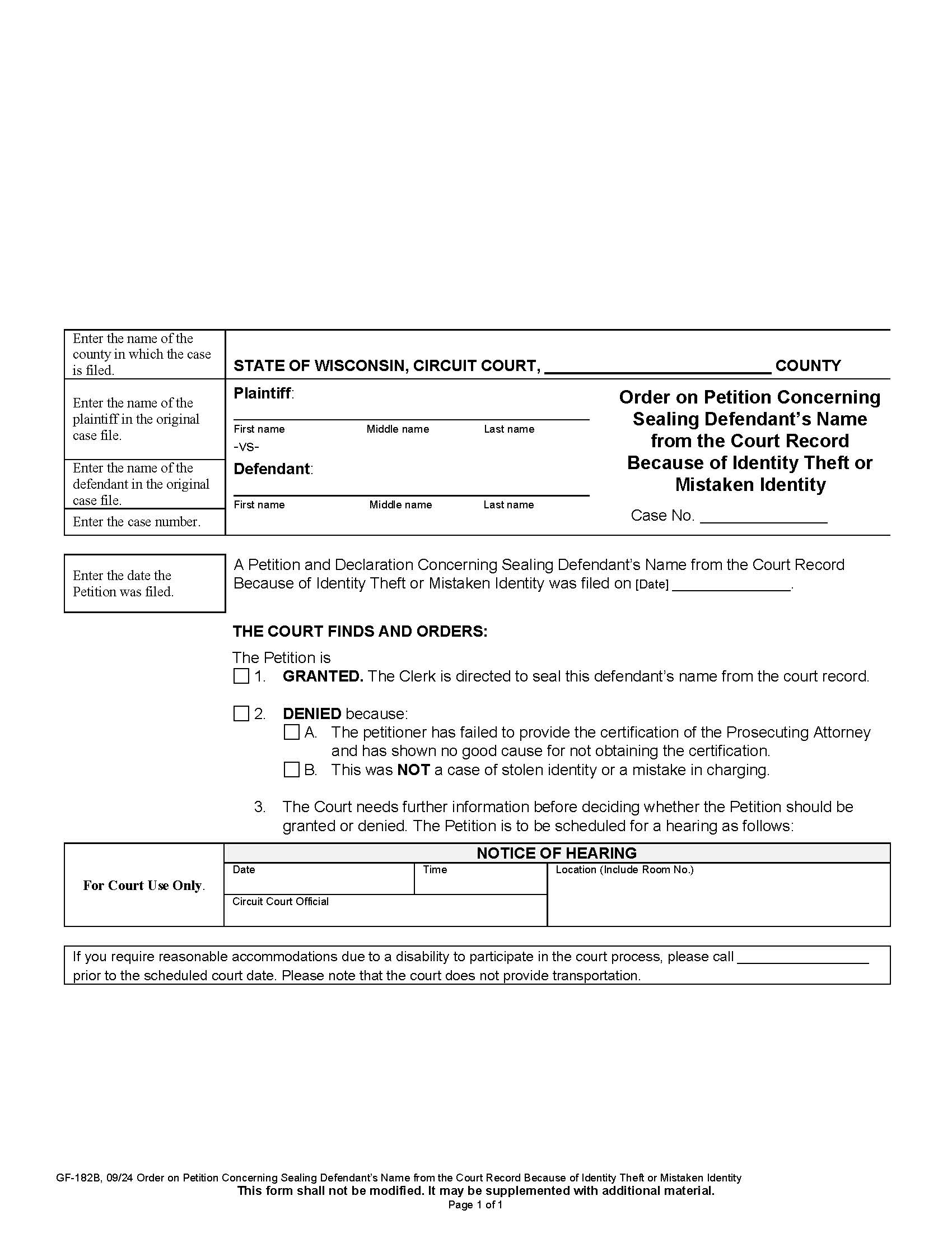 Order On Petition Concerning Dealing Defendant Name {GF-182B} | Pdf Fpdf Docx | Wisconsin