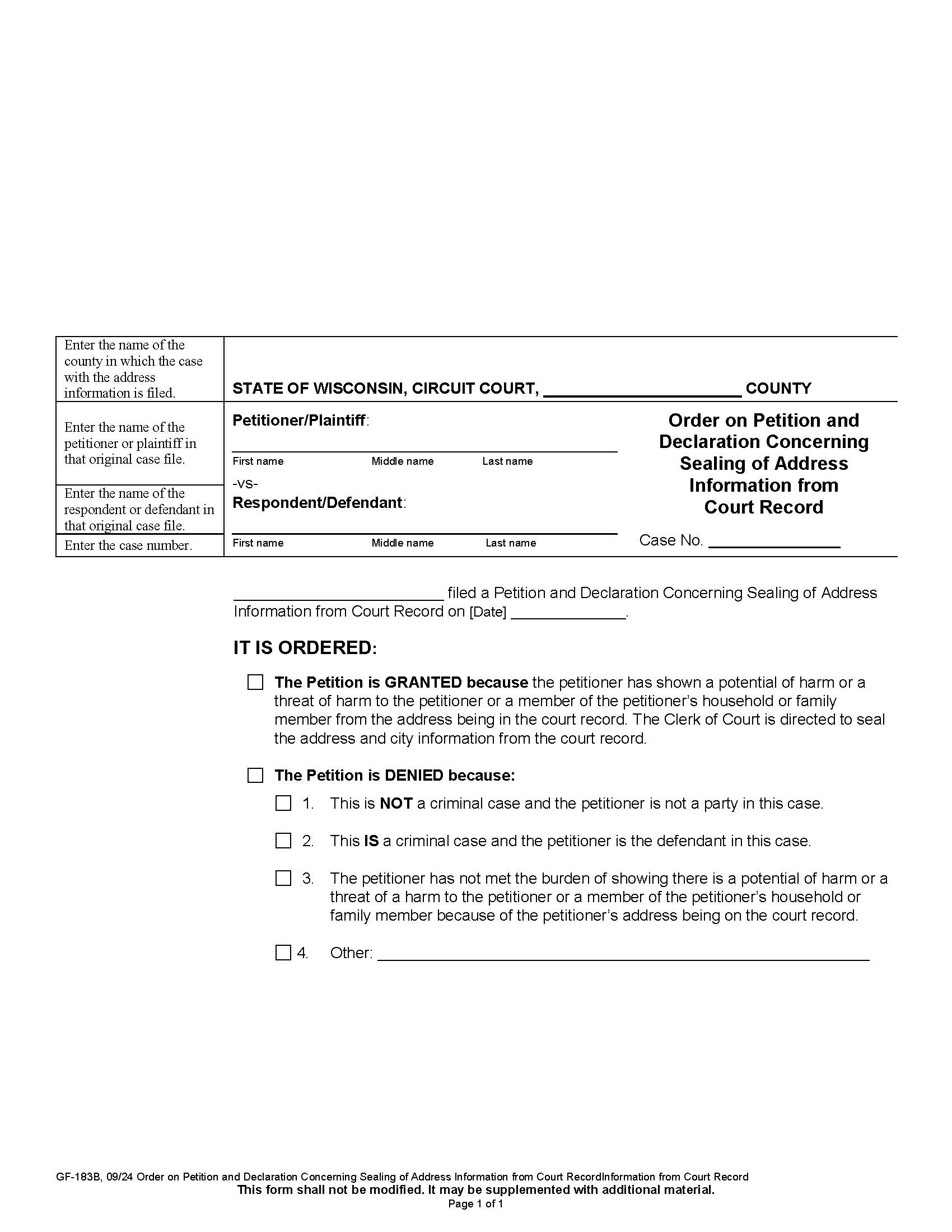Order On Petition Concerning Removal Of Address Info {GF-183B} | Pdf Fpdf Docx | Wisconsin