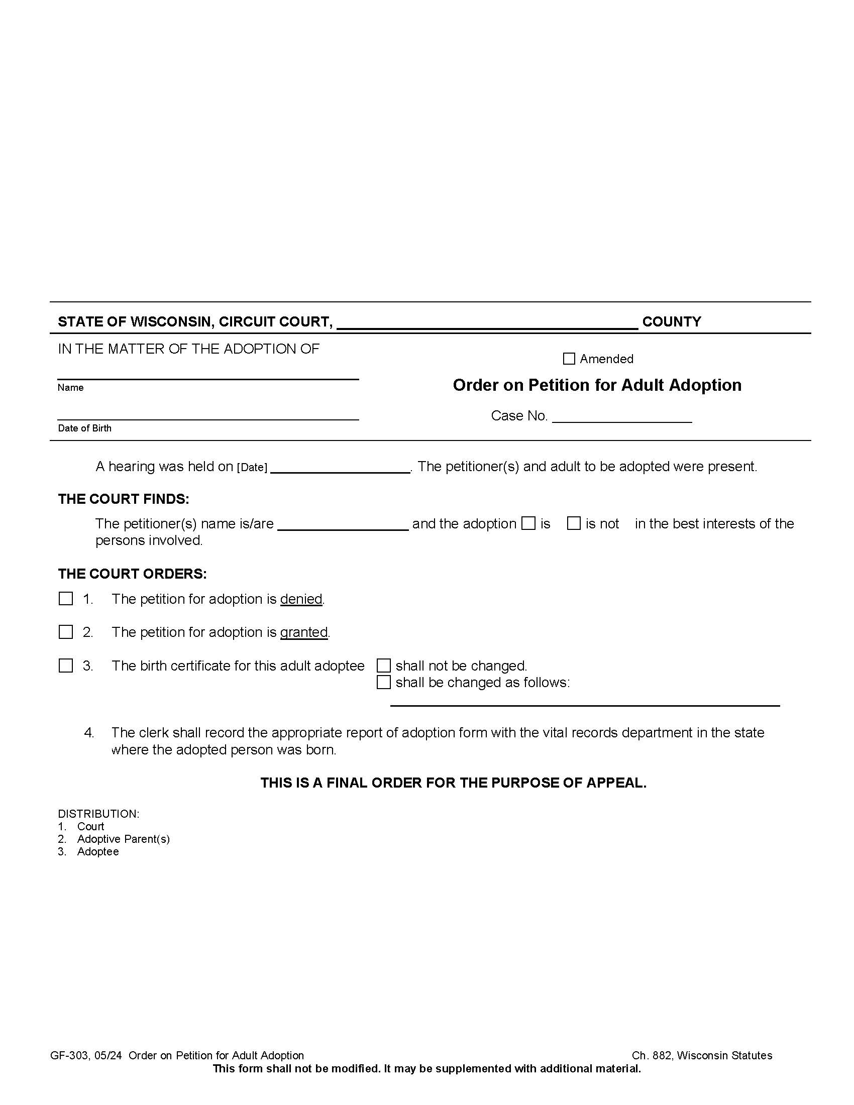 Order On Petition For Adult Adoption {GF-303} | Pdf Fpdf Docx | Wisconsin
