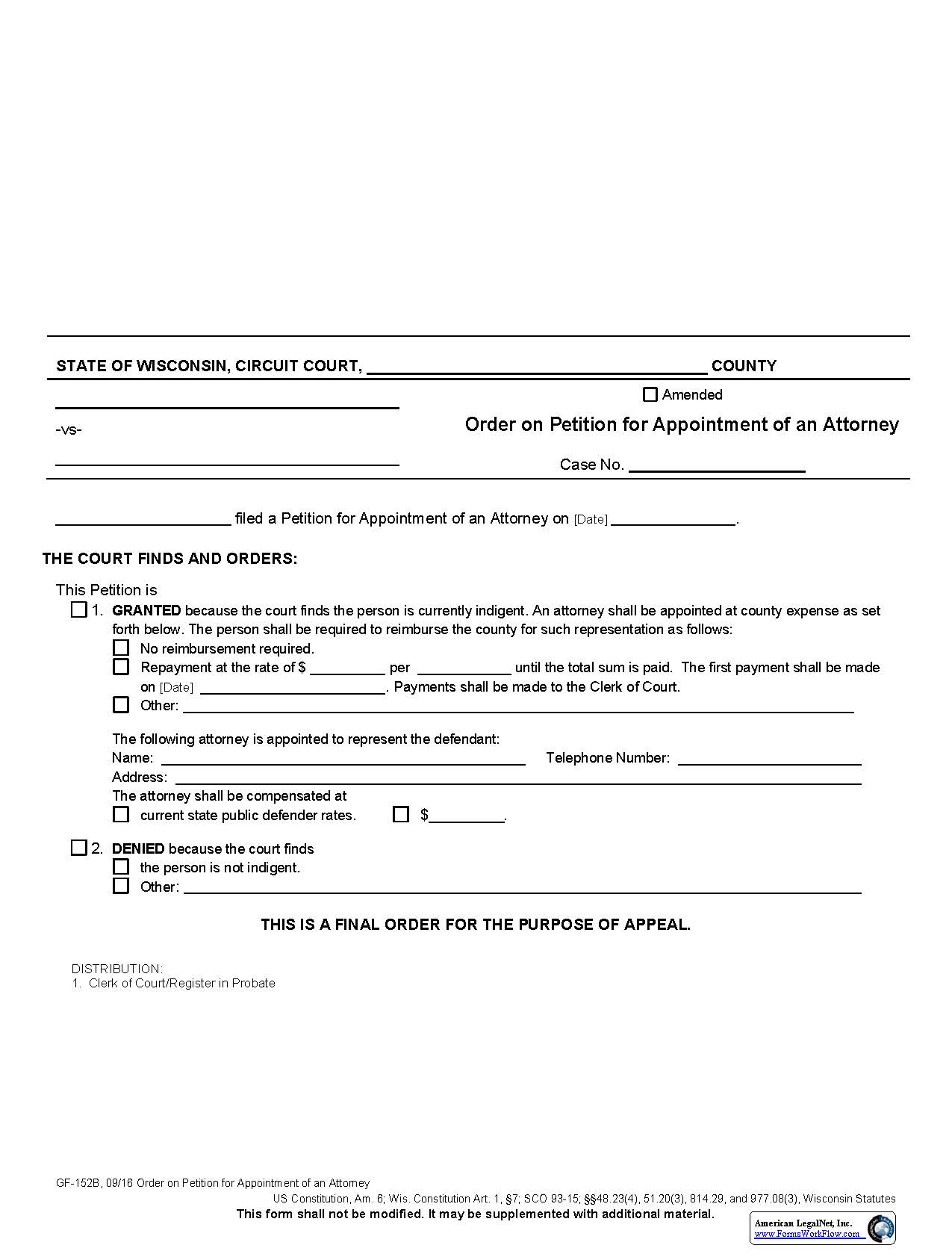 Order On Petition For Appointment Of An Attorney {GF-152B} | Pdf Fpdf Docx | Wisconsin