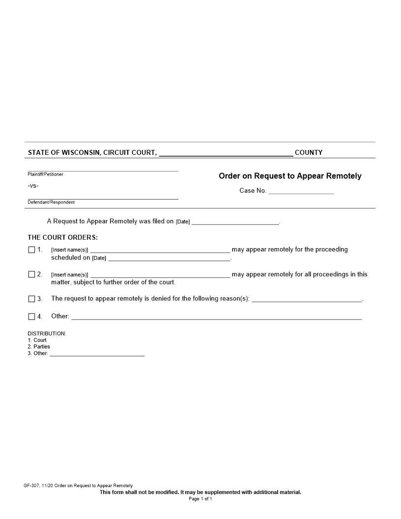 Order On Request To Appear Remotely {GF-307} | Pdf Fpdf Docx | Wisconsin