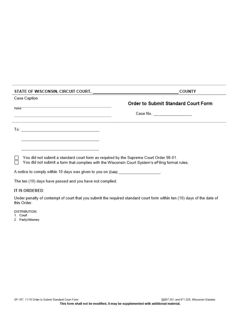 Order To File Standard Court Form {GF-167} | Pdf Fpdf Docx | Wisconsin