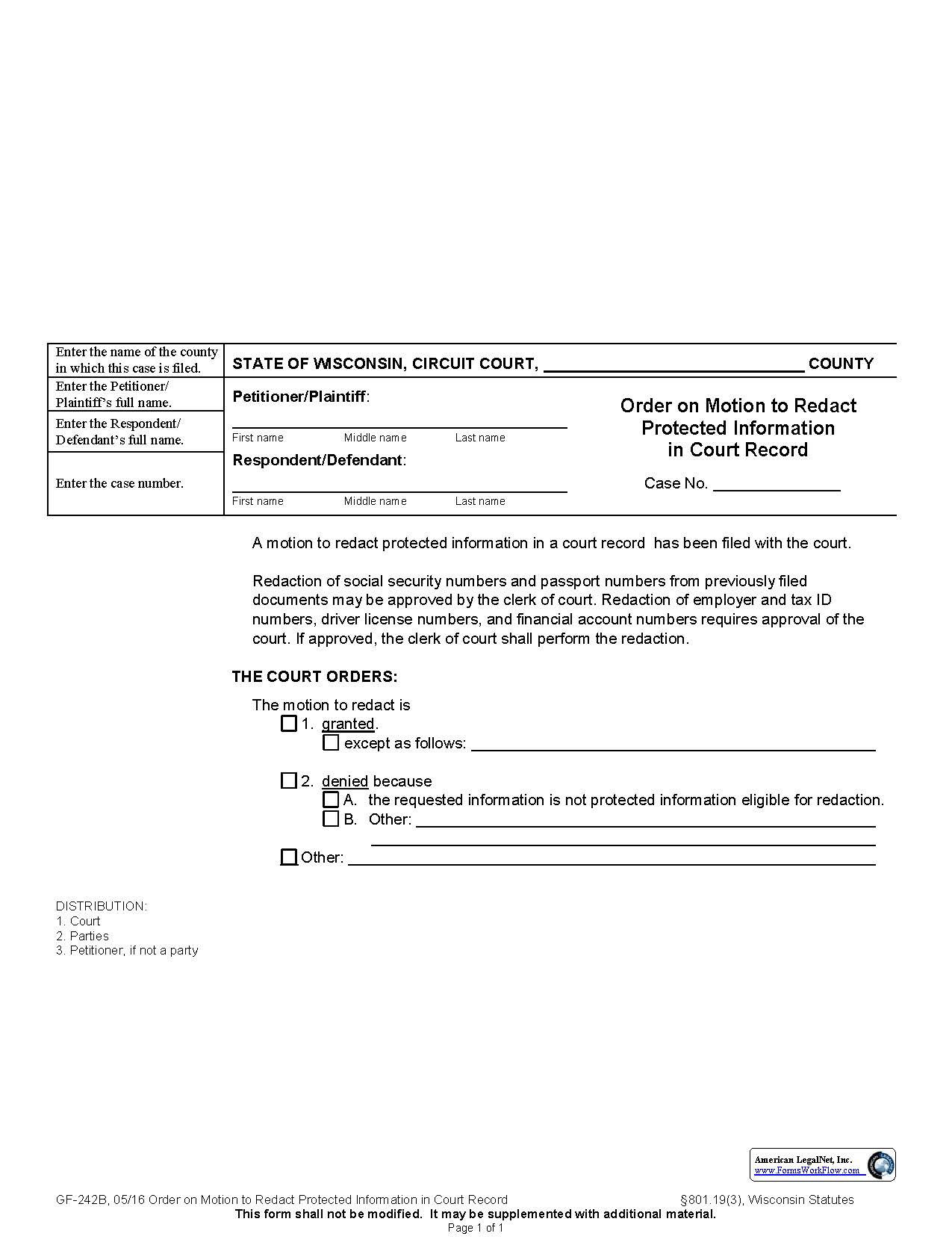 Order To Motion To Redact Protected Information {GF-242B} | Pdf Fpdf Docx | Wisconsin