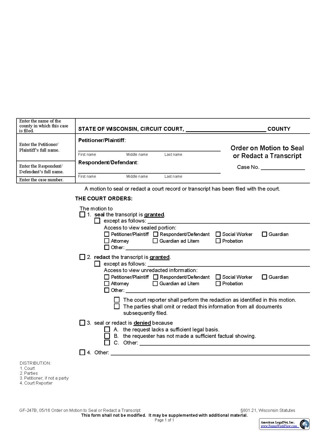 Order To Motion To Seal Or Redact A Transcript {GF-247B} | Pdf Fpdf Docx | Wisconsin